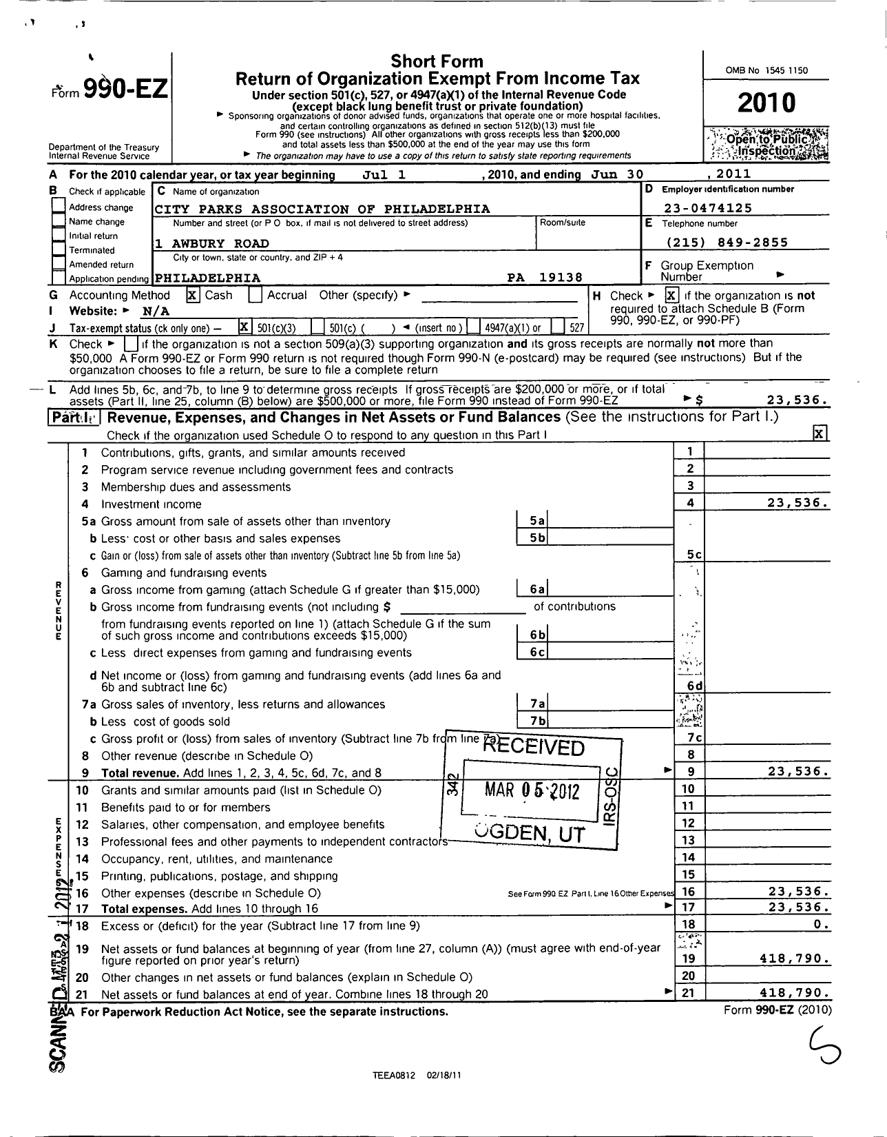 Image of first page of 2010 Form 990EZ for City Parks Association of Philadelphia