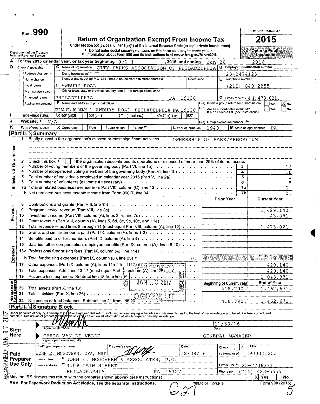 Image of first page of 2015 Form 990 for City Parks Association of Philadelphia