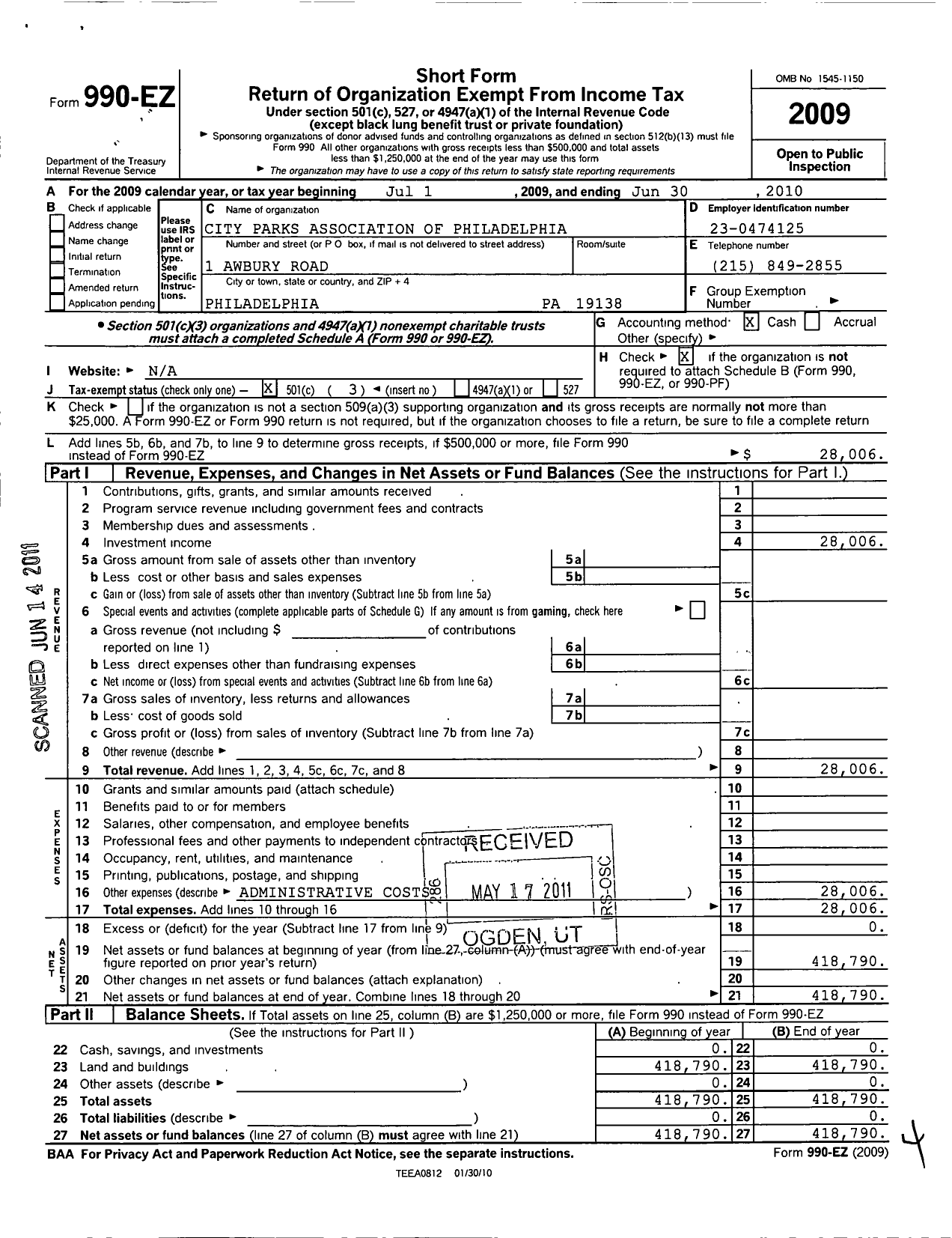 Image of first page of 2009 Form 990EZ for City Parks Association of Philadelphia