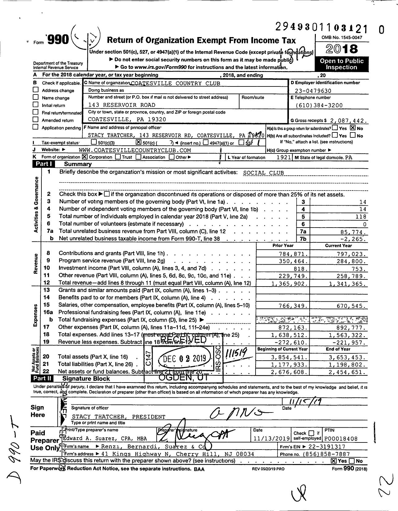 Image of first page of 2018 Form 990O for Coatesville Country Club