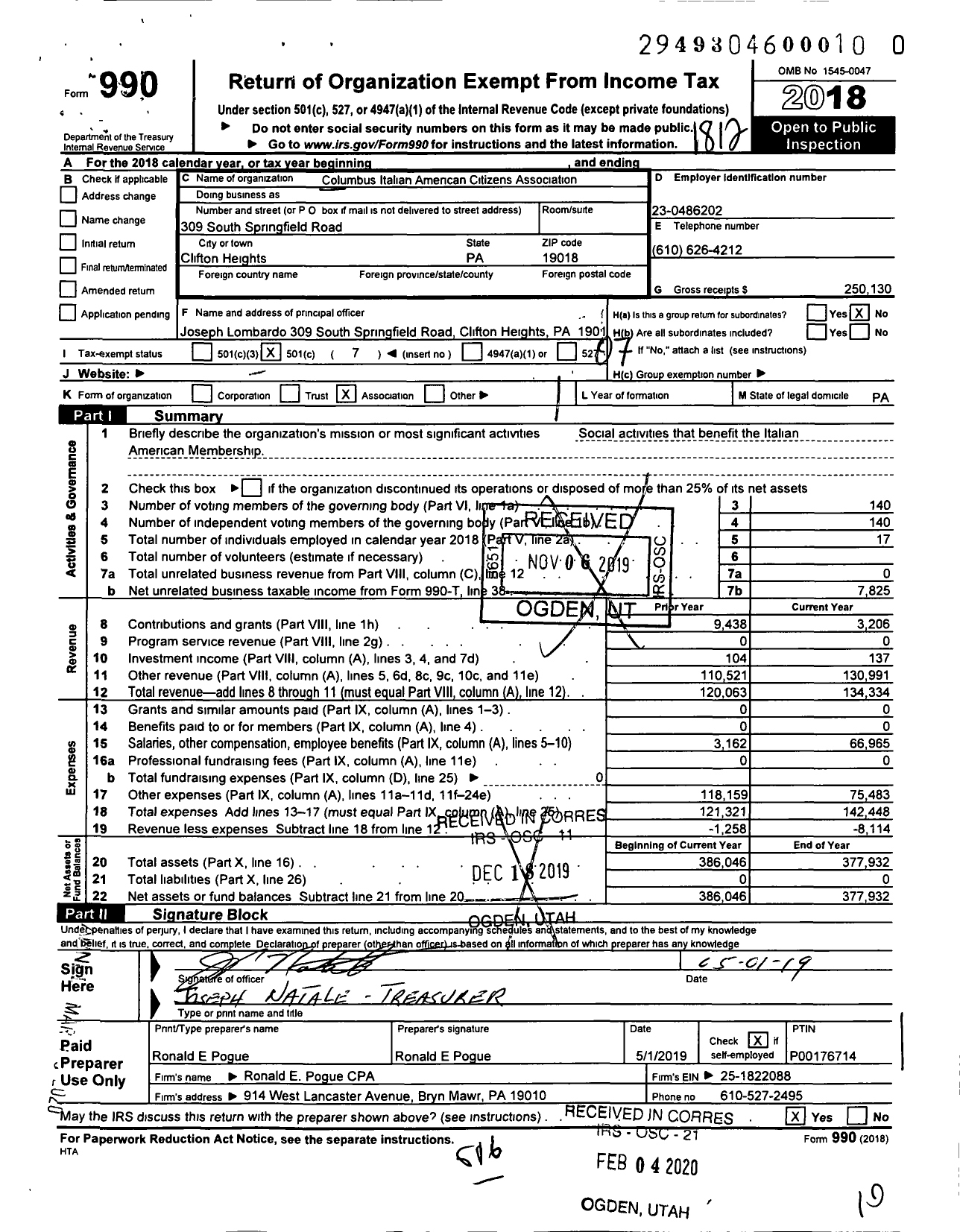 Image of first page of 2018 Form 990O for Columbus Italian American Citizens Association