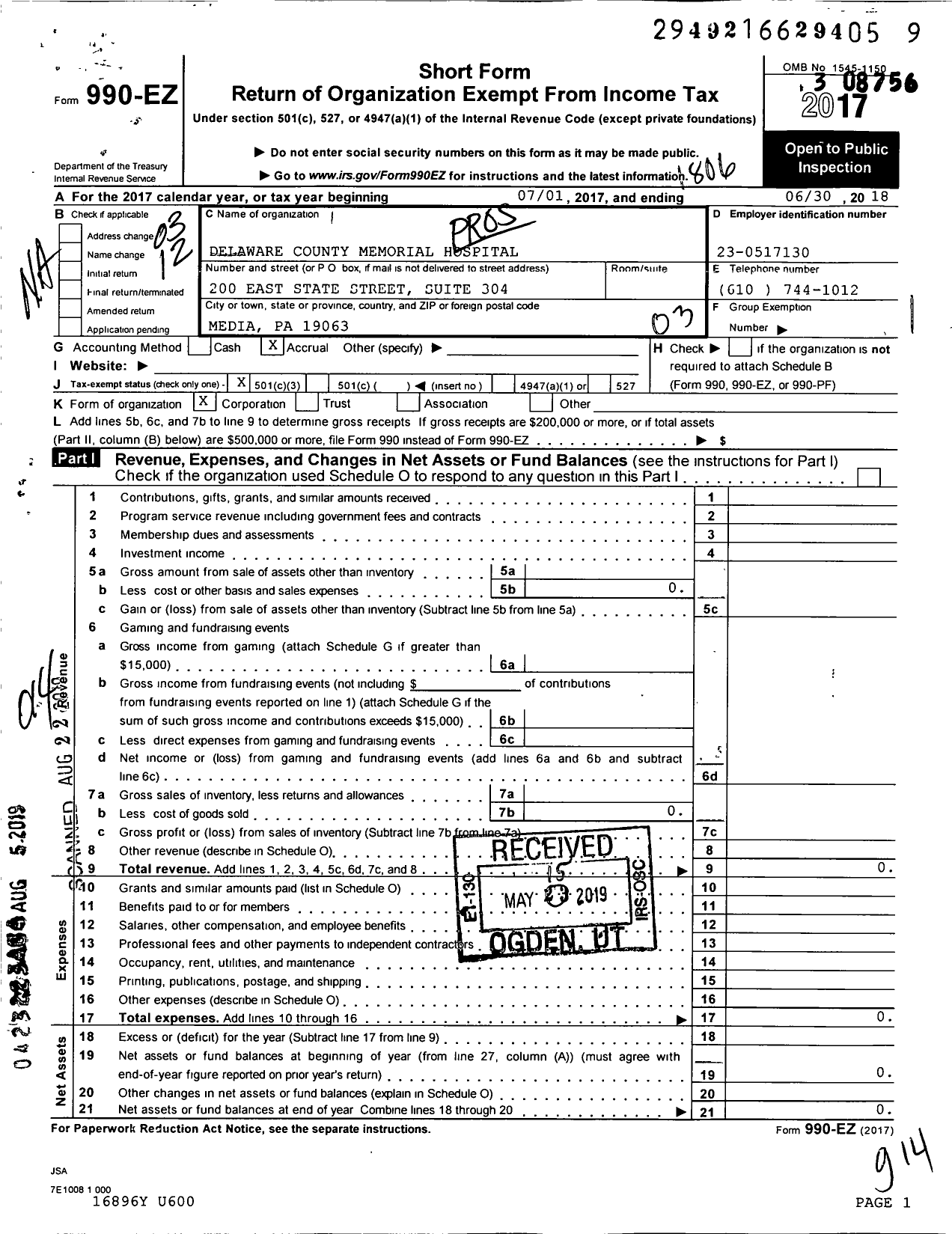 Image of first page of 2017 Form 990EZ for Delaware County Memorial Hospital (DCMH)
