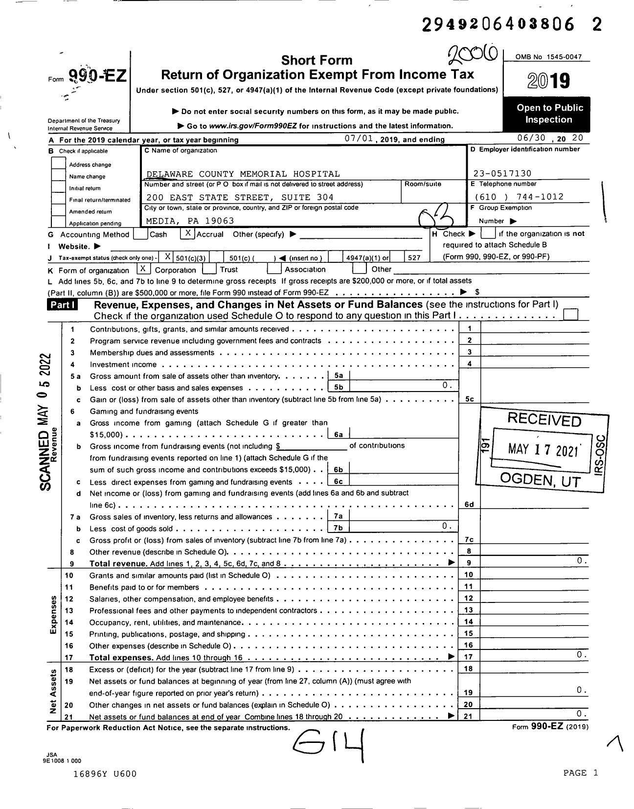 Image of first page of 2019 Form 990EZ for Delaware County Memorial Hospital (DCMH)