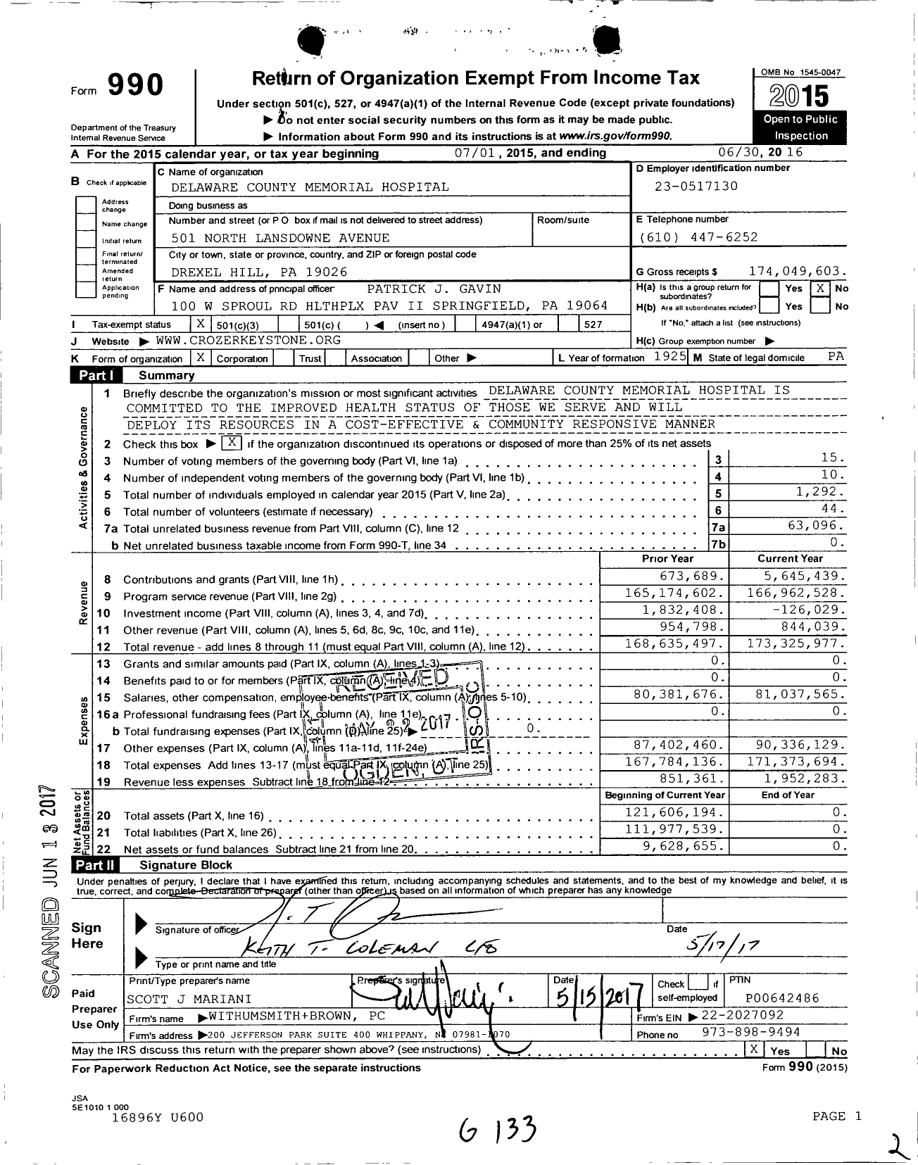 Image of first page of 2015 Form 990 for Delaware County Memorial Hospital (DCMH)