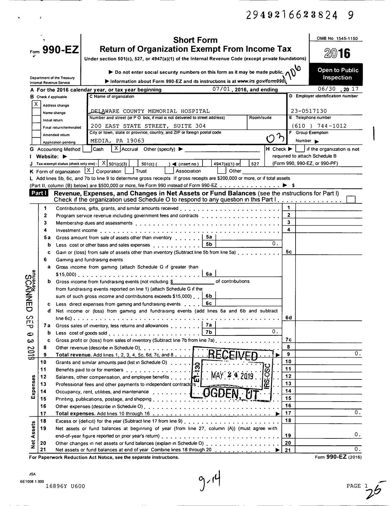 Image of first page of 2016 Form 990EZ for Delaware County Memorial Hospital (DCMH)