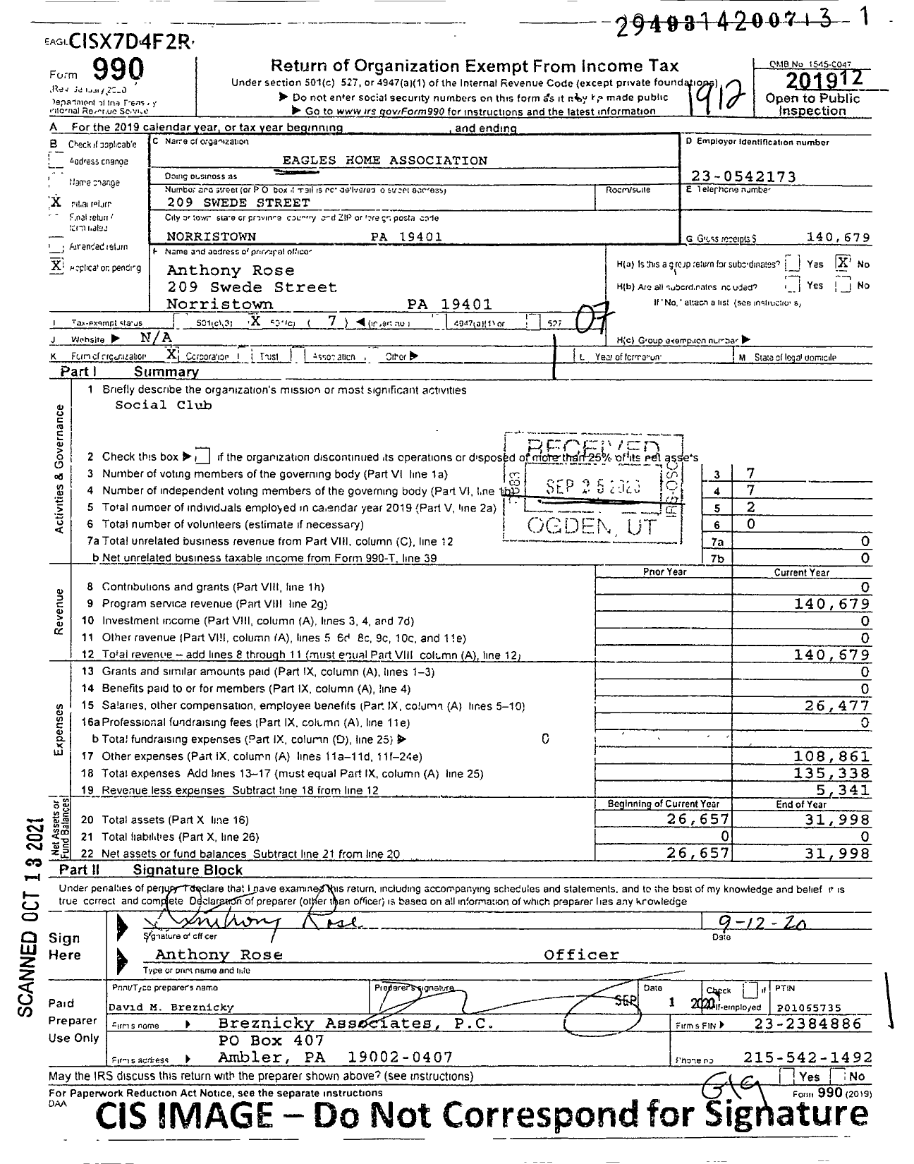 Image of first page of 2019 Form 990O for Eagles Home Association