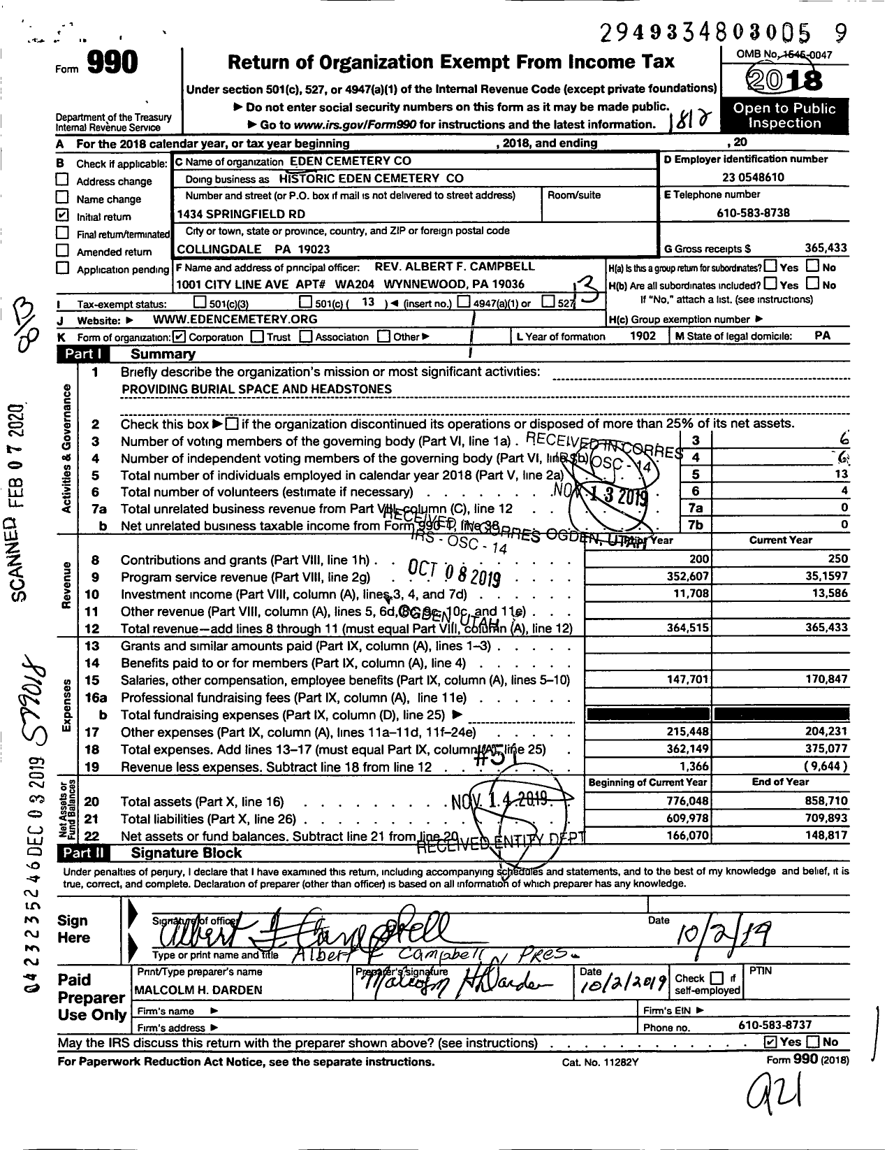 Image of first page of 2018 Form 990O for Historic Eden Cemetery