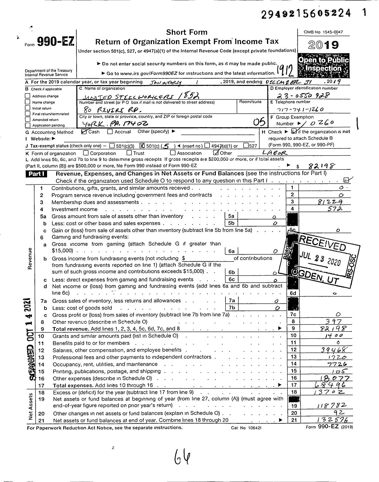 Image of first page of 2019 Form 990EO for United Steelworkers - 01852 Local