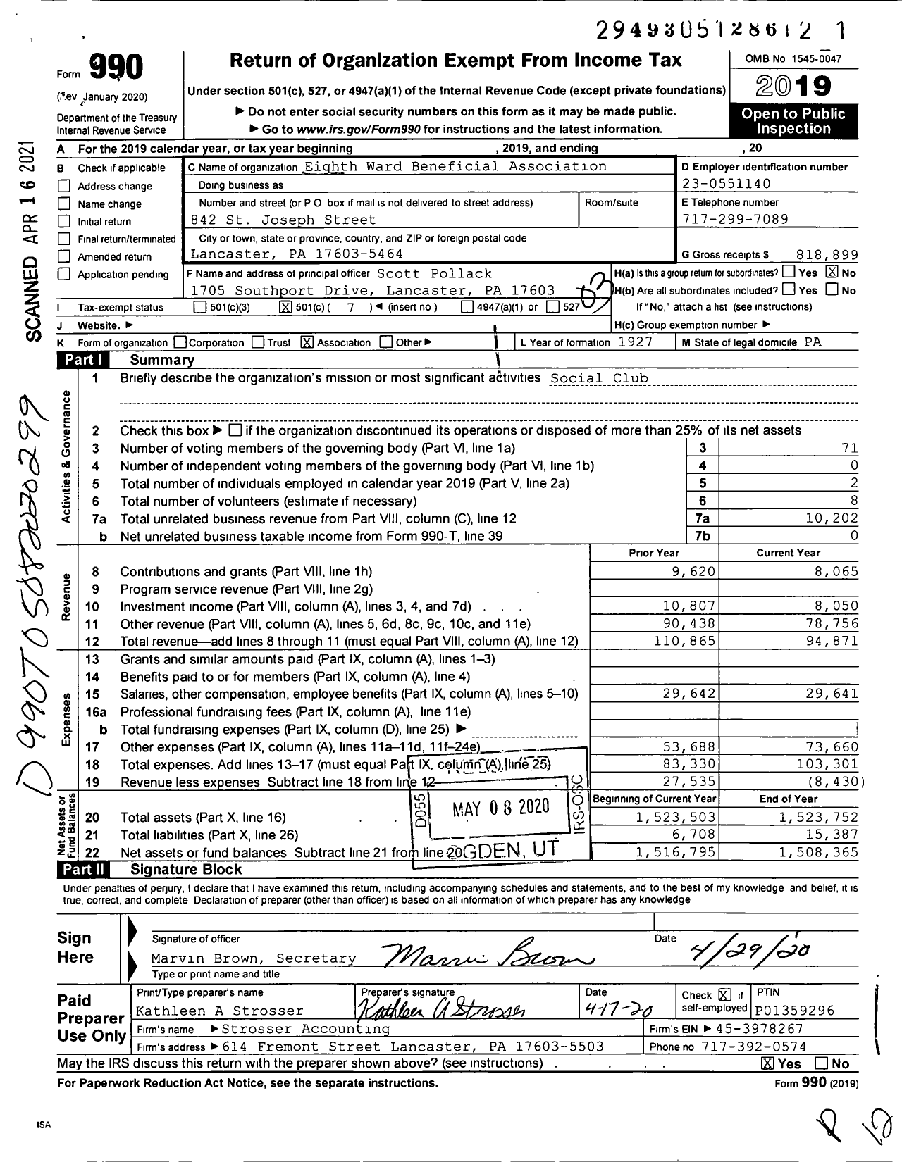 Image of first page of 2019 Form 990 for Eighth Ward Beneficial Association