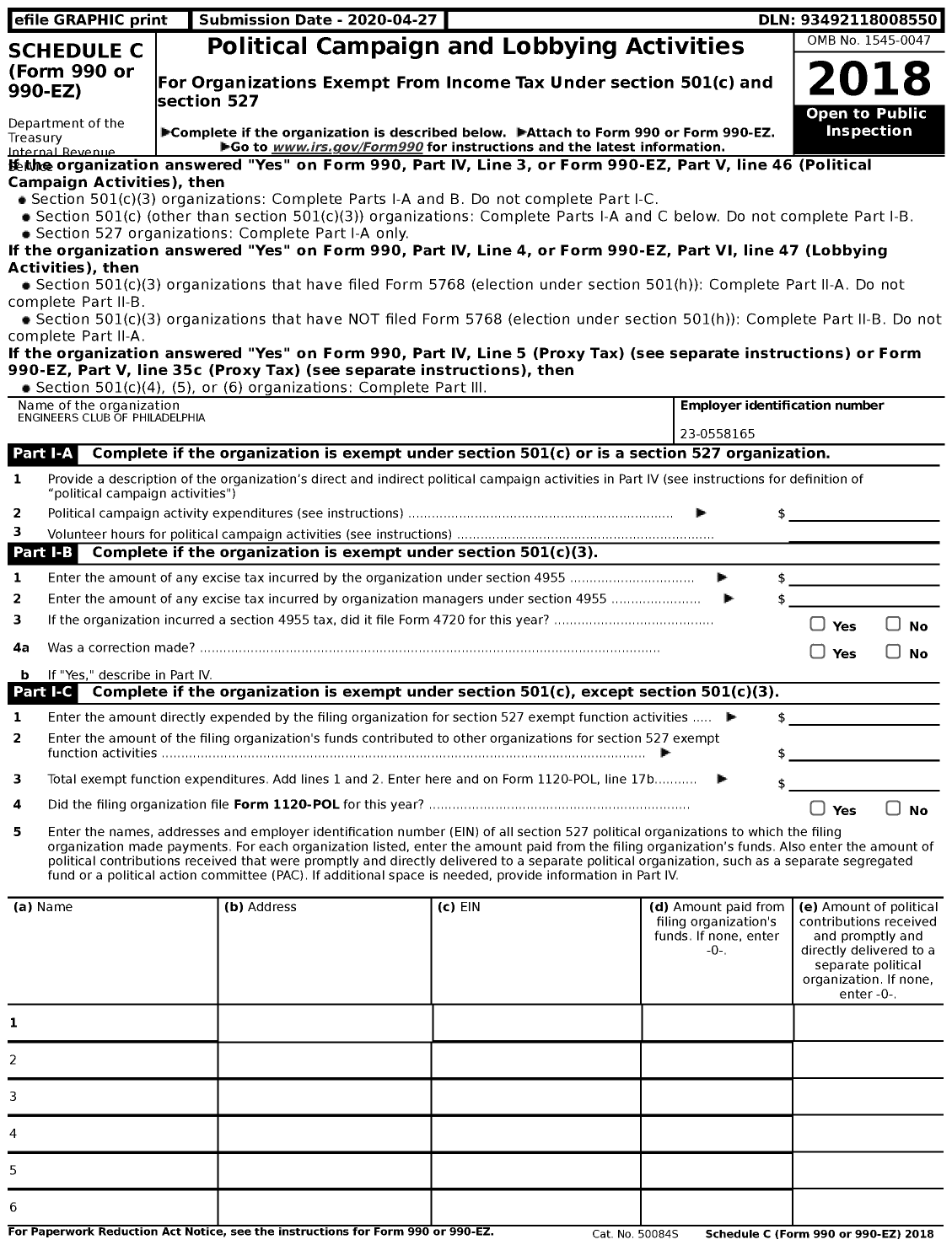 Image of first page of 2018 Form 990EZ for Engineers Club of Philadelphia