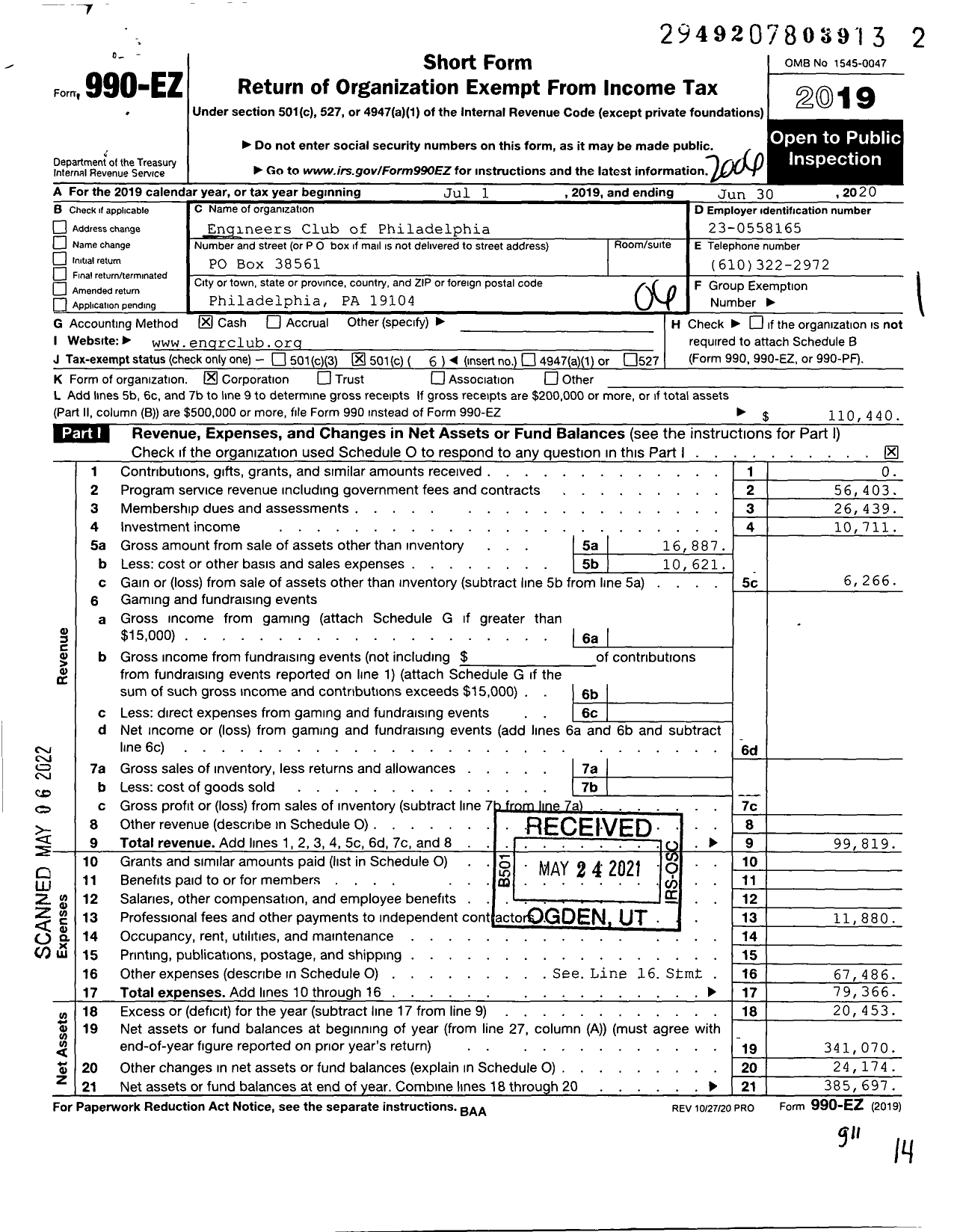 Image of first page of 2019 Form 990EO for Engineers Club of Philadelphia