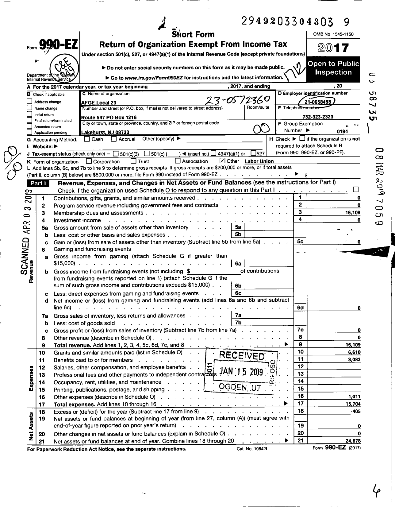 Image of first page of 2017 Form 990EO for American Federation of Government Employees - 0023 Afge Local