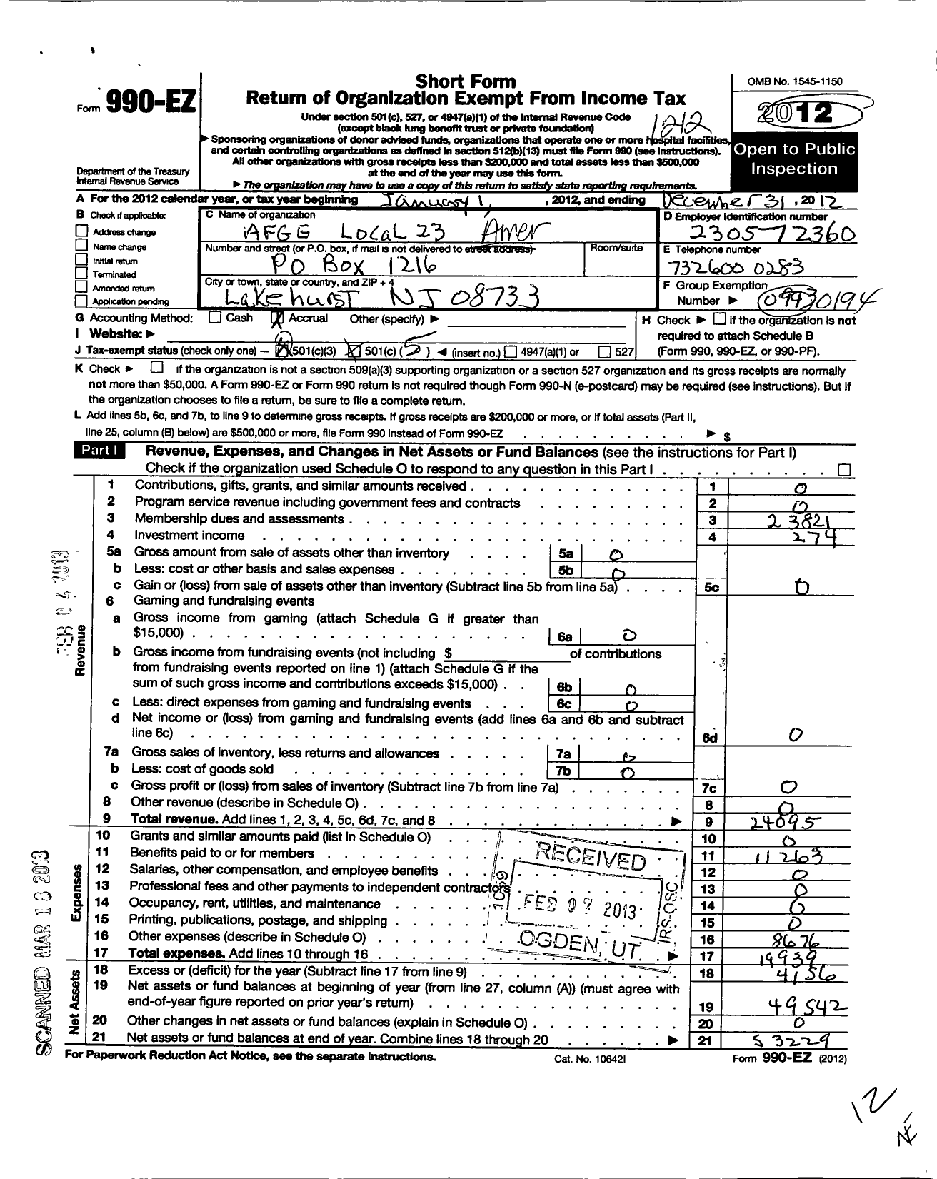 Image of first page of 2012 Form 990EO for American Federation of Government Employees - 0023 Afge Local