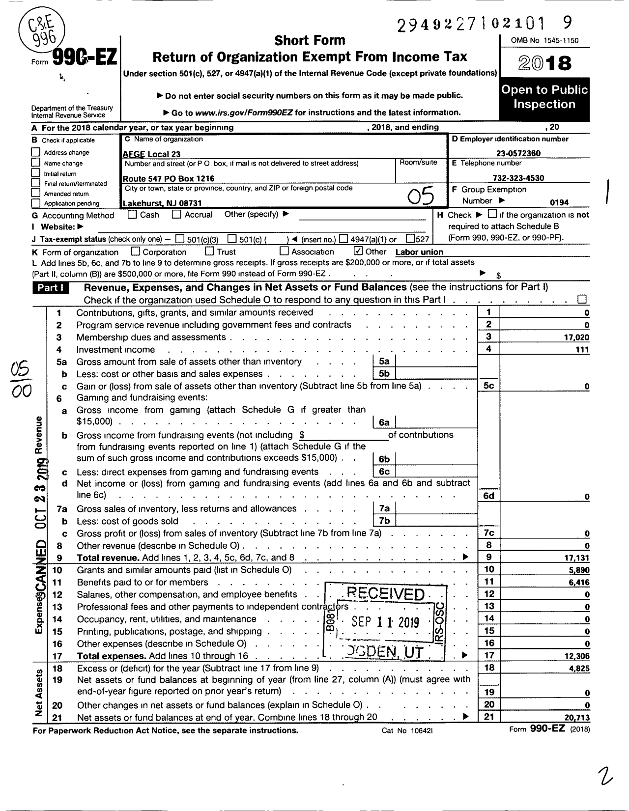 Image of first page of 2018 Form 990EO for American Federation of Government Employees - 0023 Afge Local