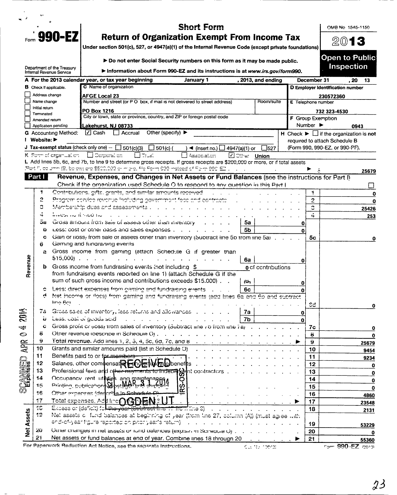 Image of first page of 2013 Form 990EO for American Federation of Government Employees - 0023 Afge Local