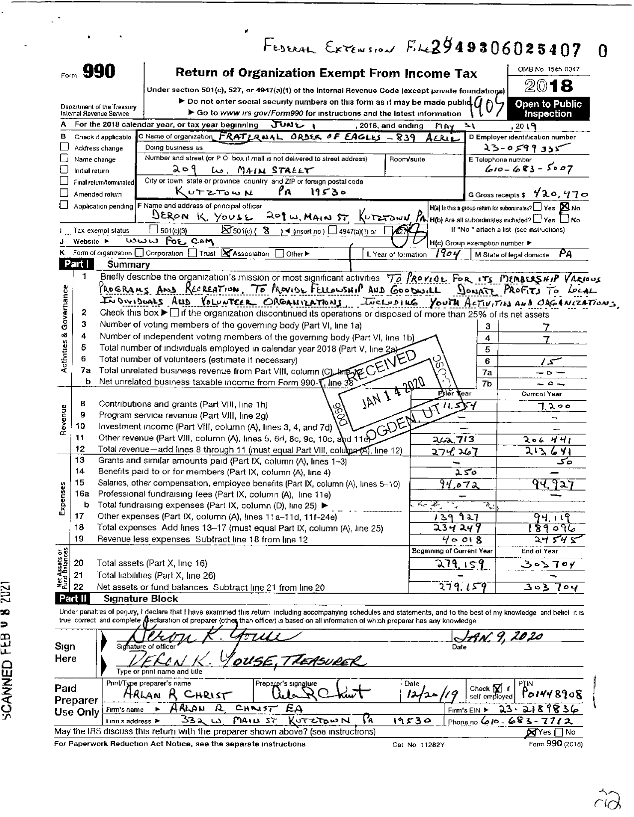 Image of first page of 2018 Form 990O for Fraternal Order of Eagles - 839 Aerie