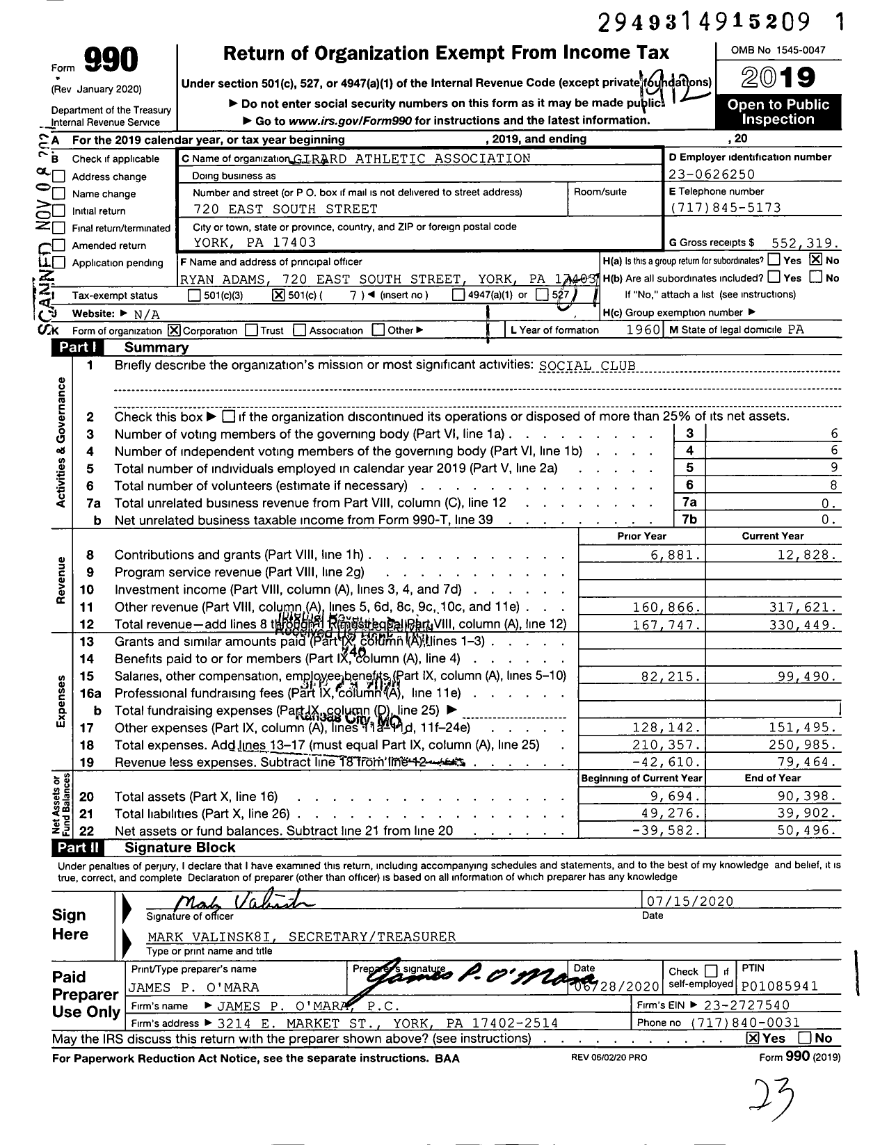 Image of first page of 2019 Form 990O for Girard Athletic Association