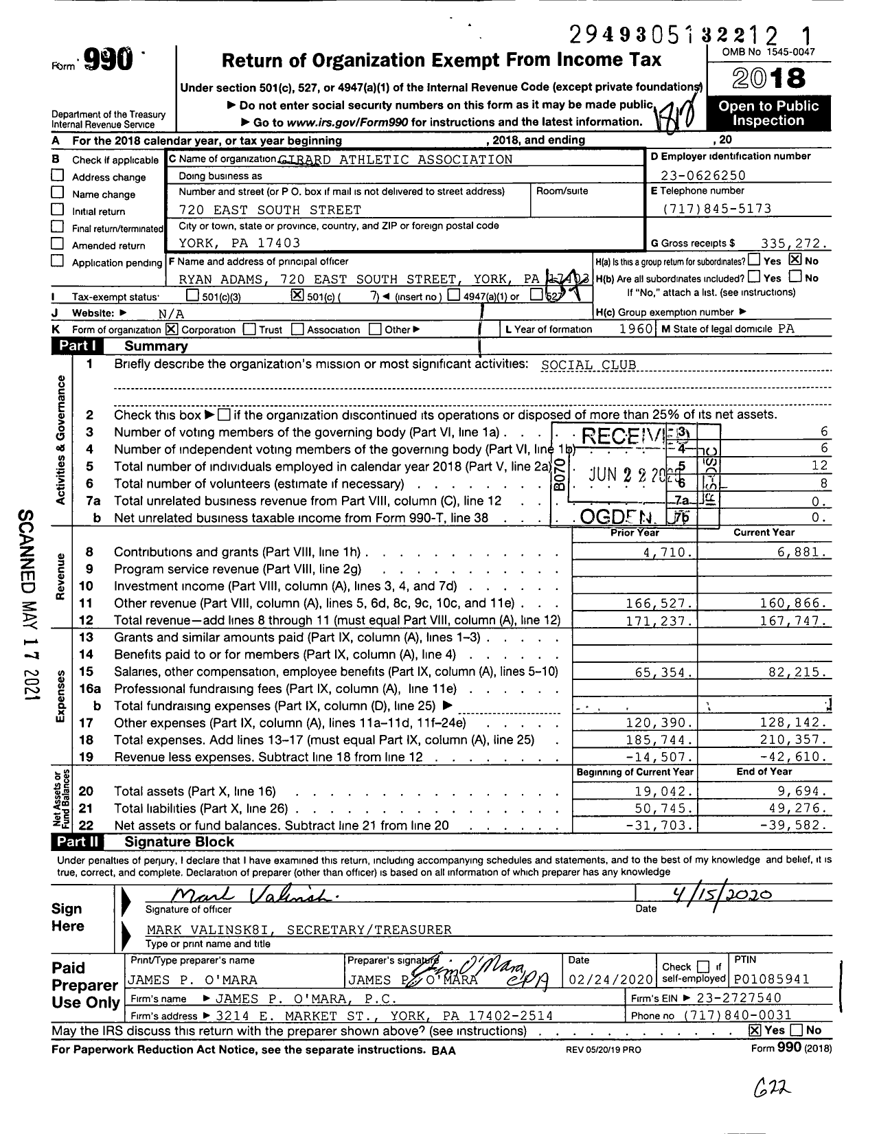 Image of first page of 2018 Form 990O for Girard Athletic Association