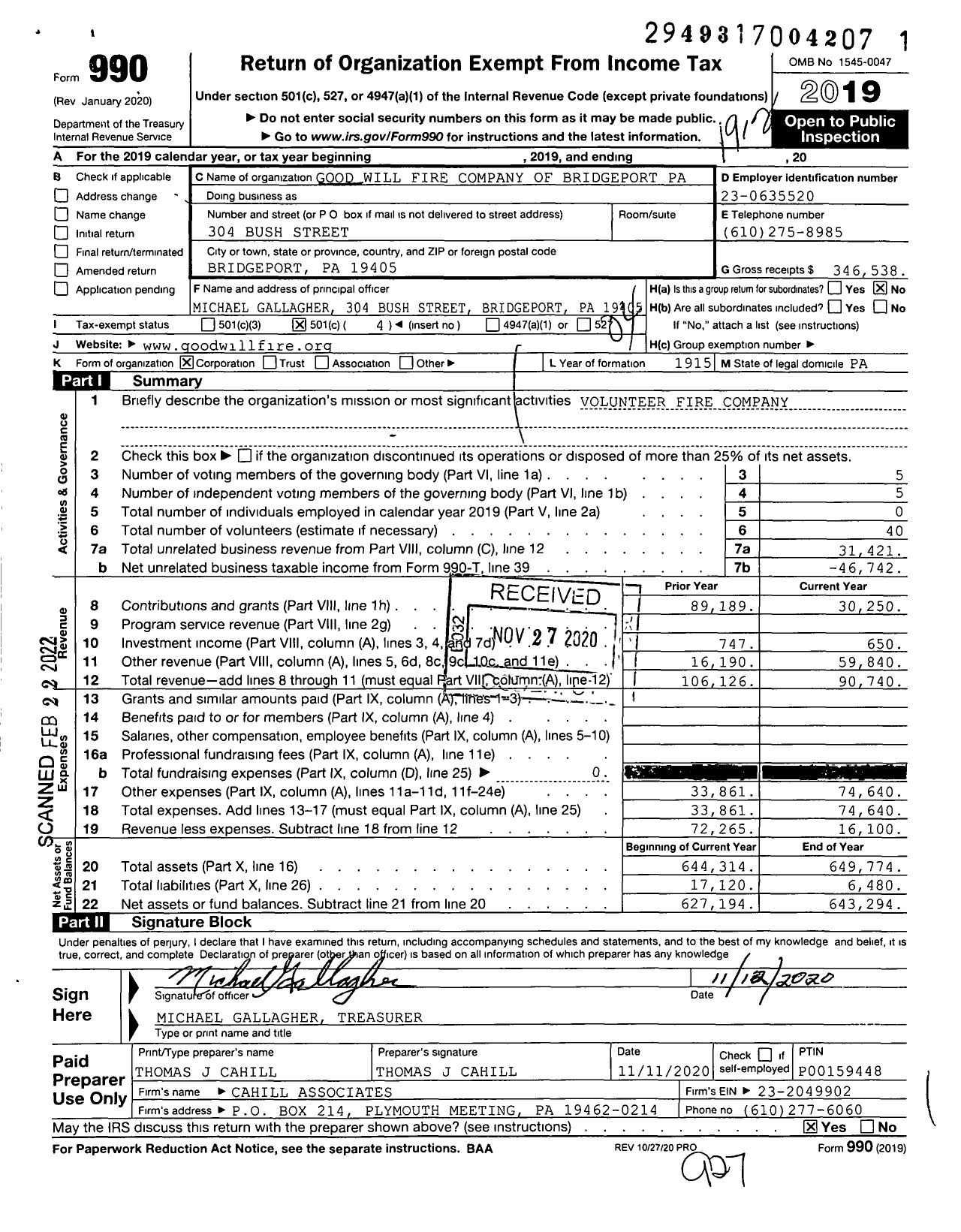 Image of first page of 2019 Form 990O for Good Will Fire Company of Bridgeport Pa