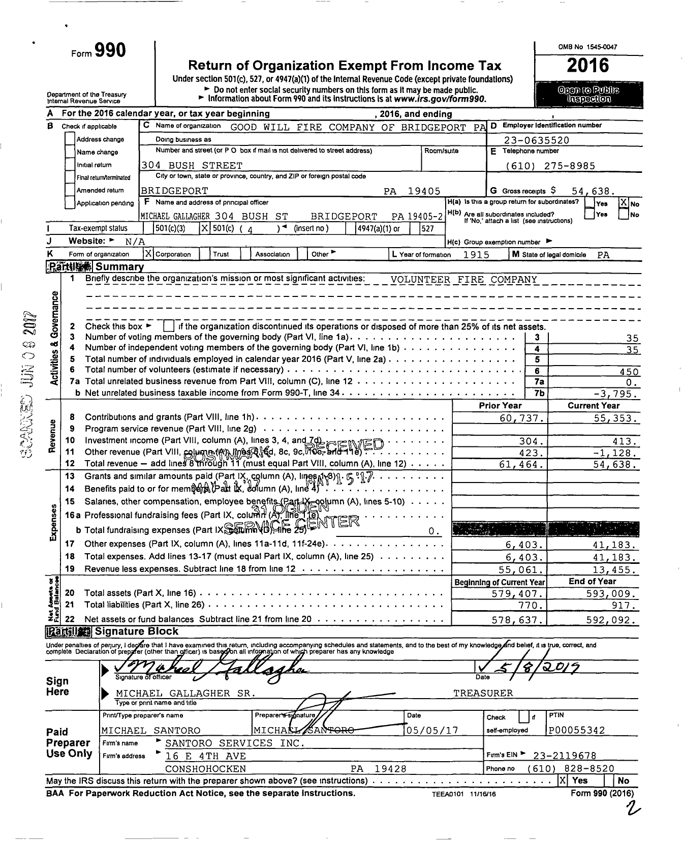 Image of first page of 2016 Form 990O for Good Will Fire Company of Bridgeport Pa