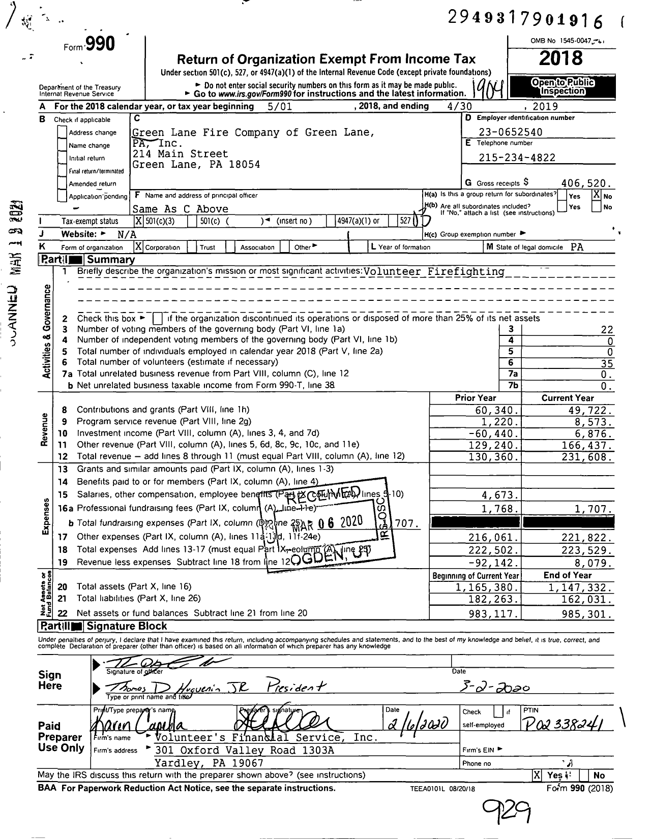 Image of first page of 2018 Form 990 for Green Lane Fire Company of Green Lane PA