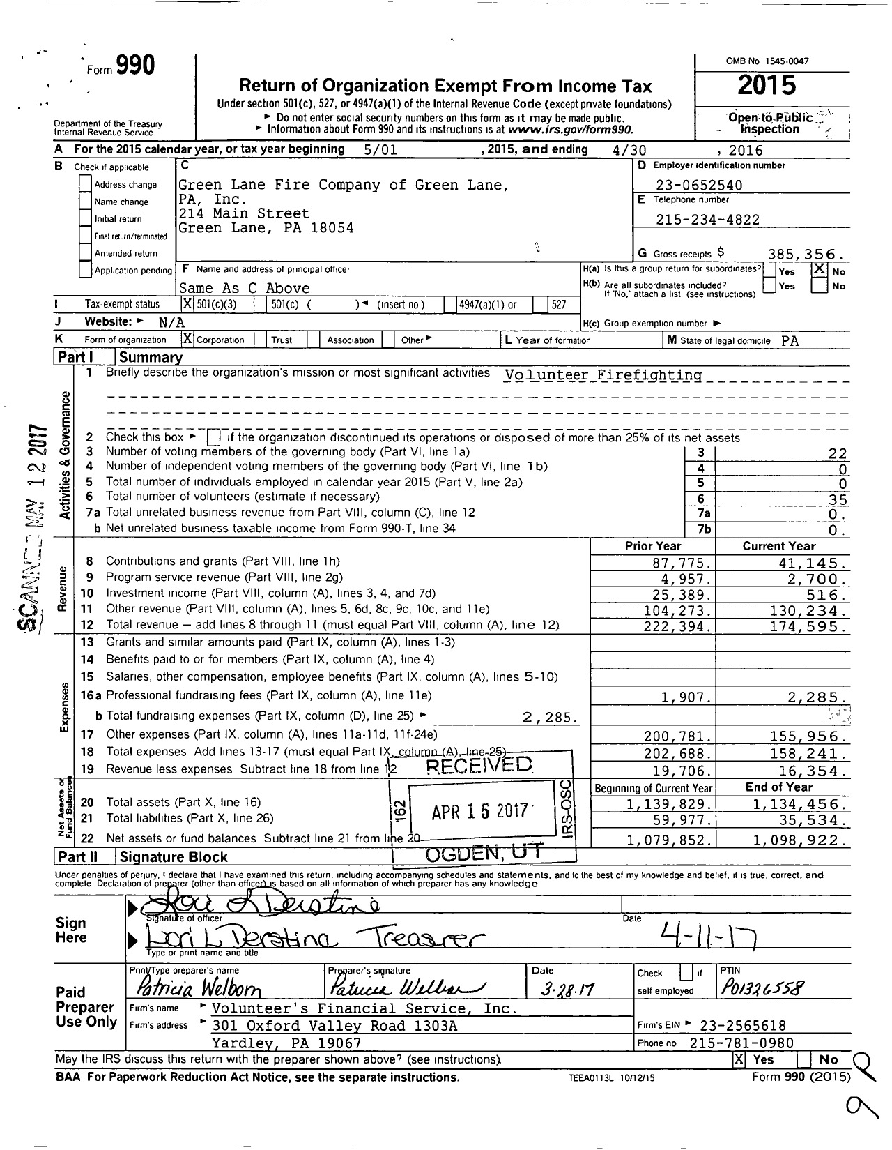 Image of first page of 2015 Form 990 for Green Lane Fire Company of Green Lane PA