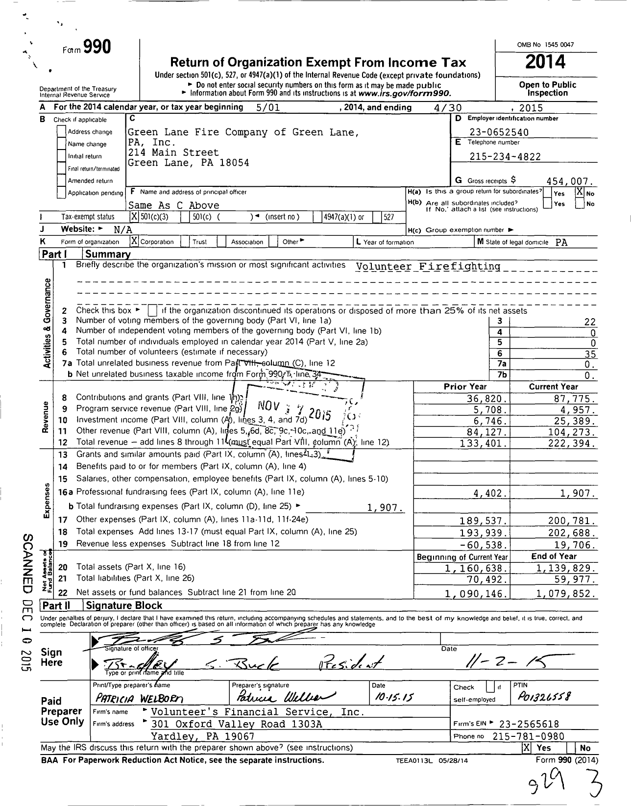 Image of first page of 2014 Form 990 for Green Lane Fire Company of Green Lane PA