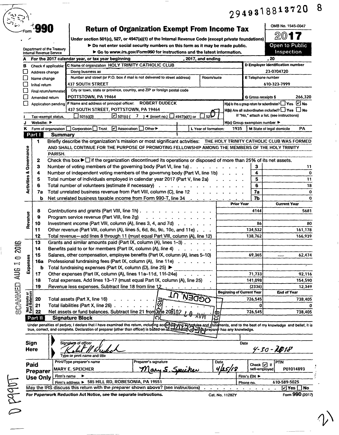 Image of first page of 2017 Form 990O for Holy Trinity Catholic Club