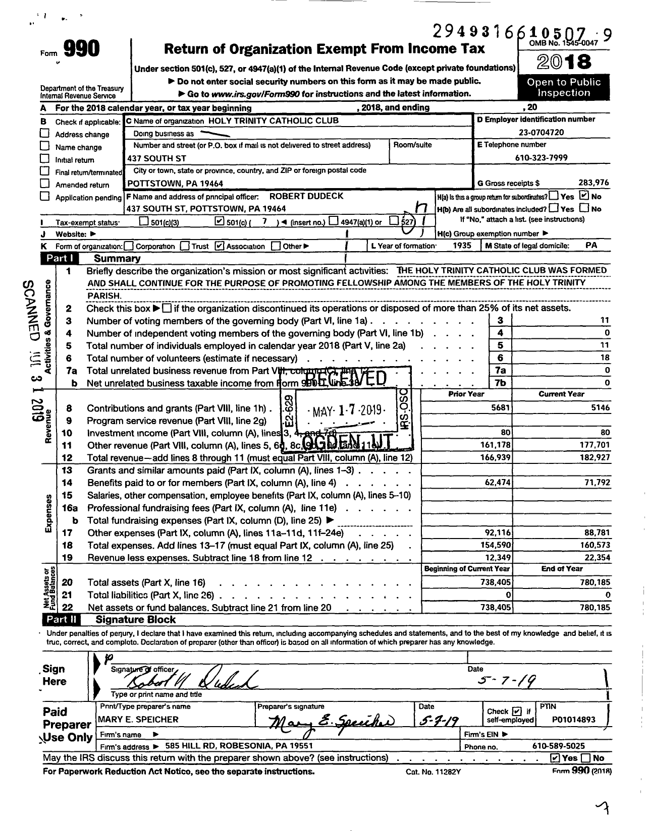 Image of first page of 2018 Form 990O for Holy Trinity Catholic Club