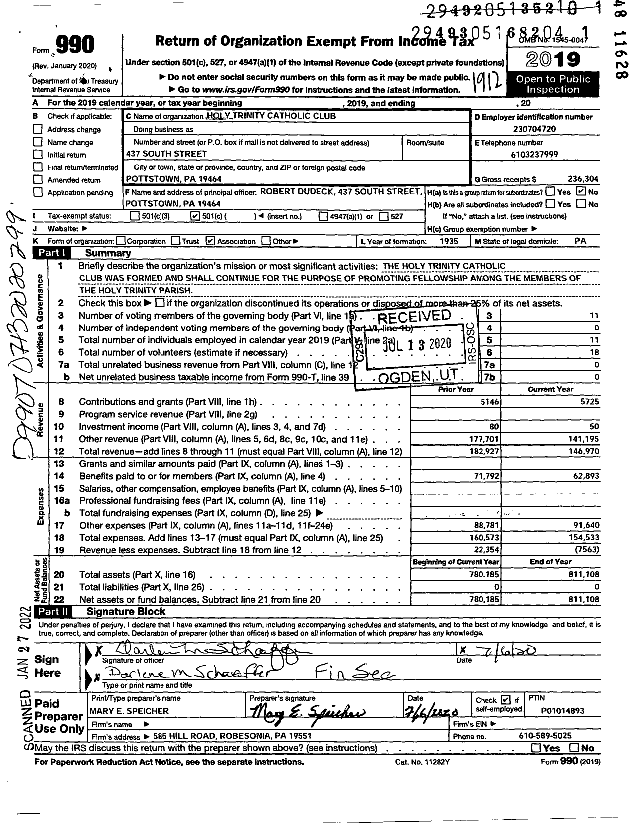 Image of first page of 2019 Form 990O for Holy Trinity Catholic Club