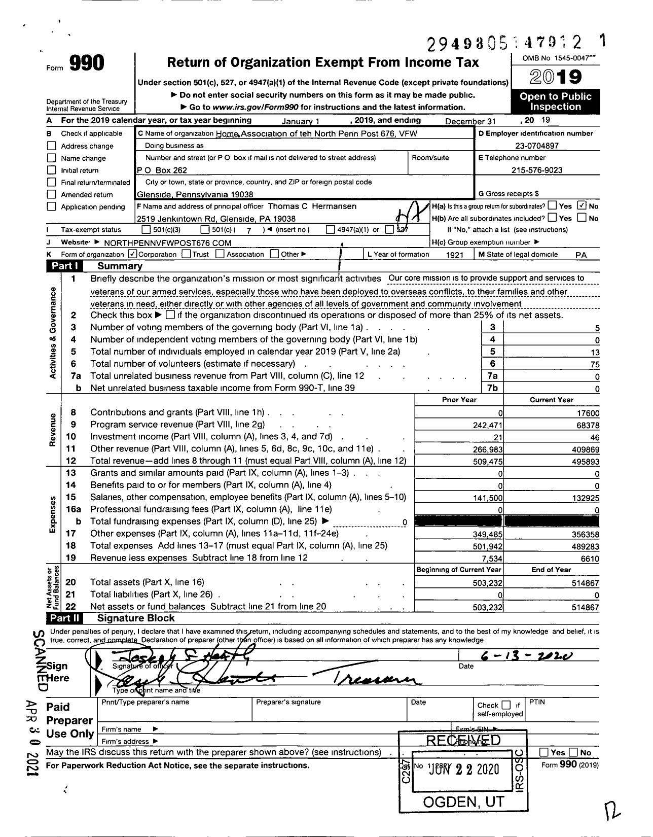 Image of first page of 2019 Form 990O for Home Association of North Penn Post 676 VFW