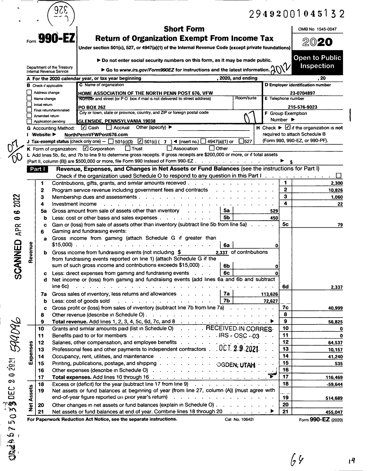 Image of first page of 2020 Form 990EO for Home Association of North Penn Post 676 VFW