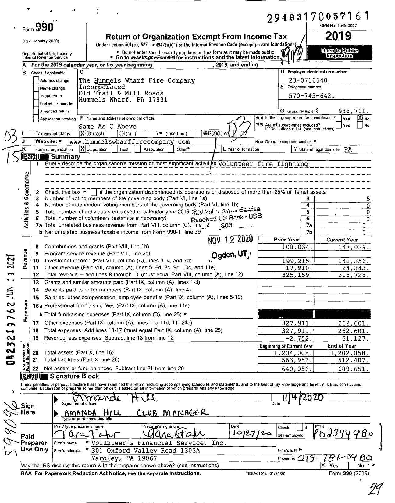 Image of first page of 2019 Form 990 for The Hummels Wharf Fire Company Incorporated