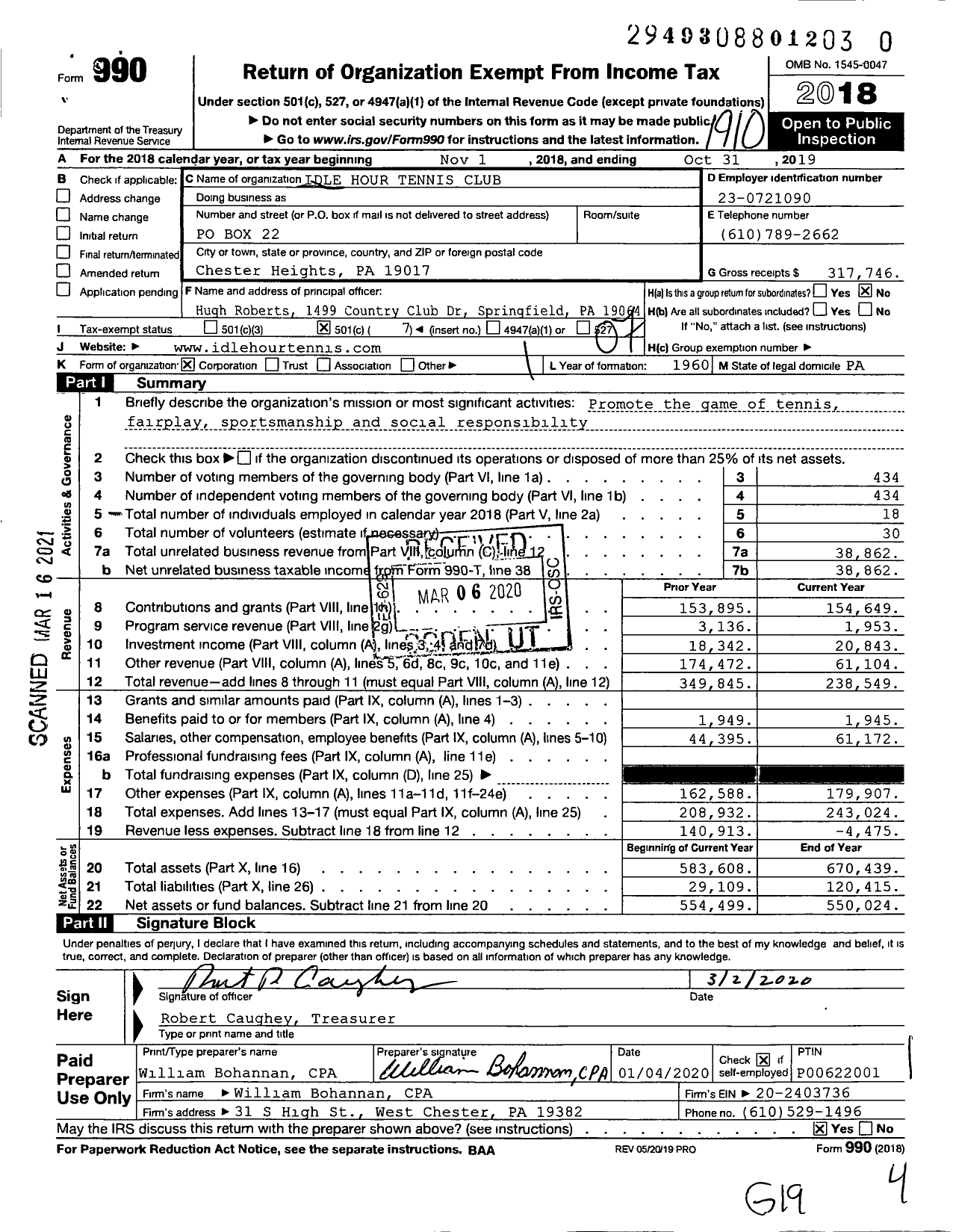 Image of first page of 2018 Form 990O for Idle Hour Tennis Club