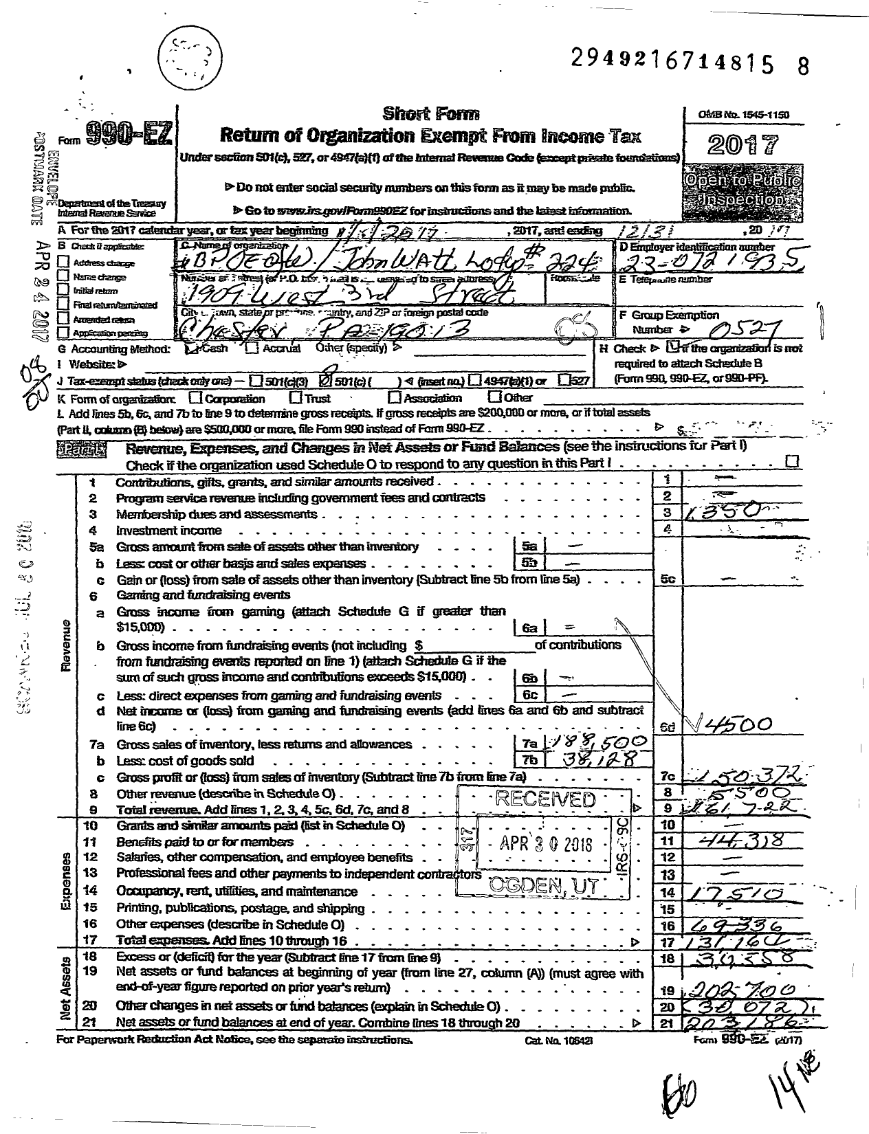 Image of first page of 2017 Form 990EO for Improved Benevolent and Protective Order of Elks of the World - 224 John A Watts Lodge