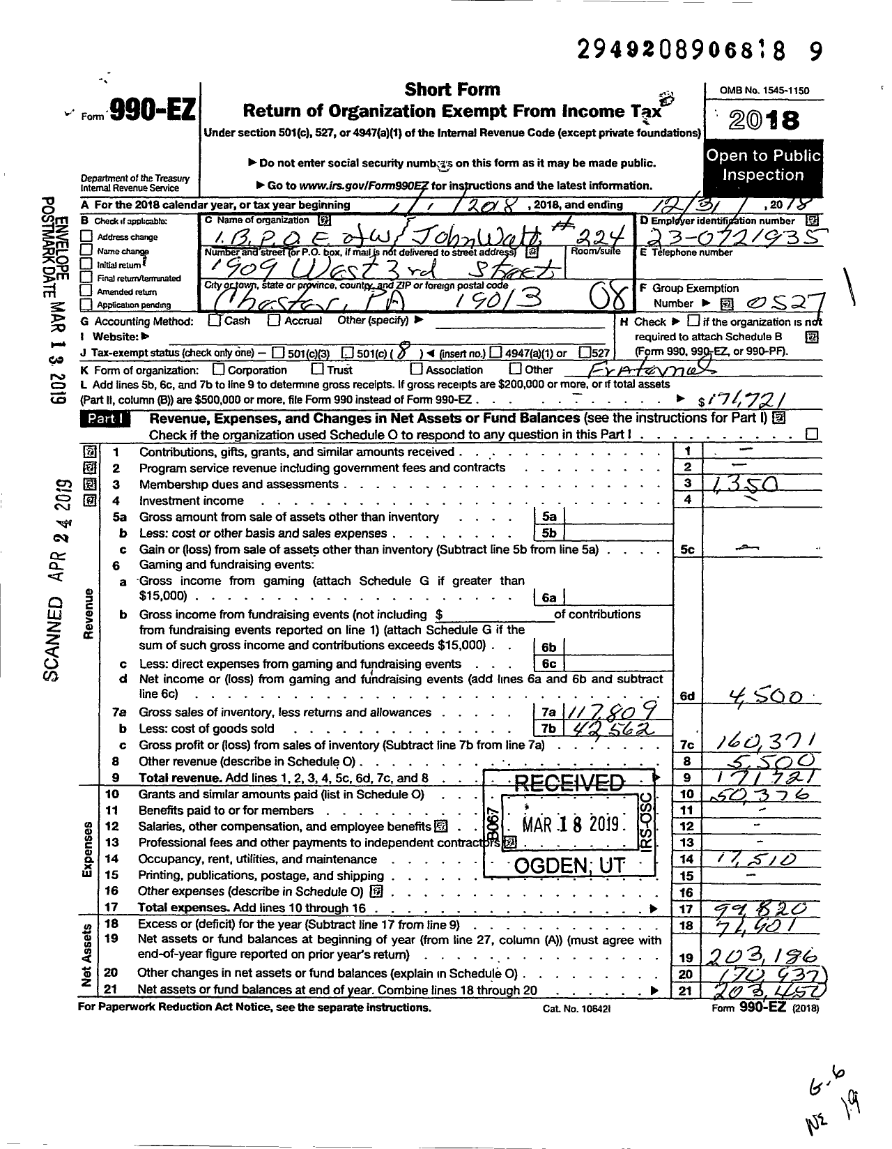 Image of first page of 2018 Form 990EO for Improved Benevolent and Protective Order of Elks of the World - 224 John A Watts Lodge