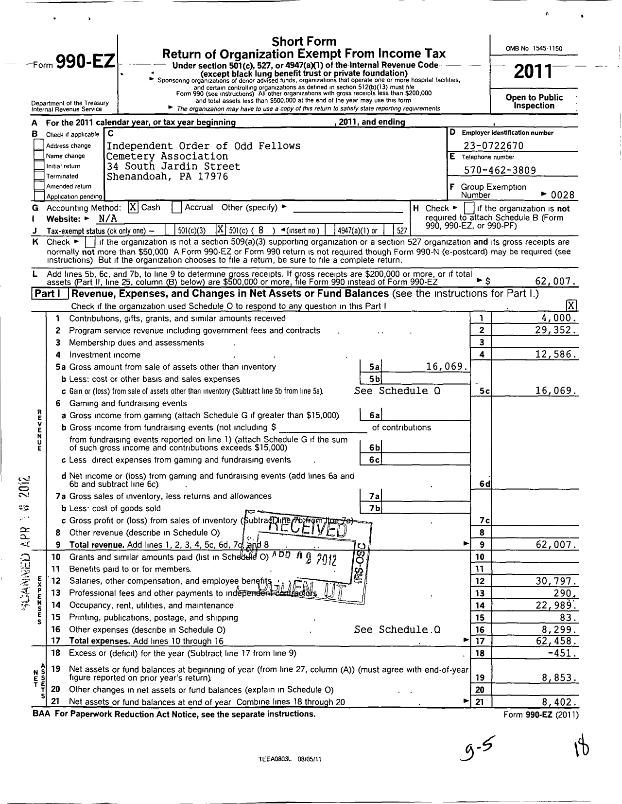 Image of first page of 2011 Form 990EO for Independent Order of Odd Fellows - Shenandoah I O O F Cemetery Assoc