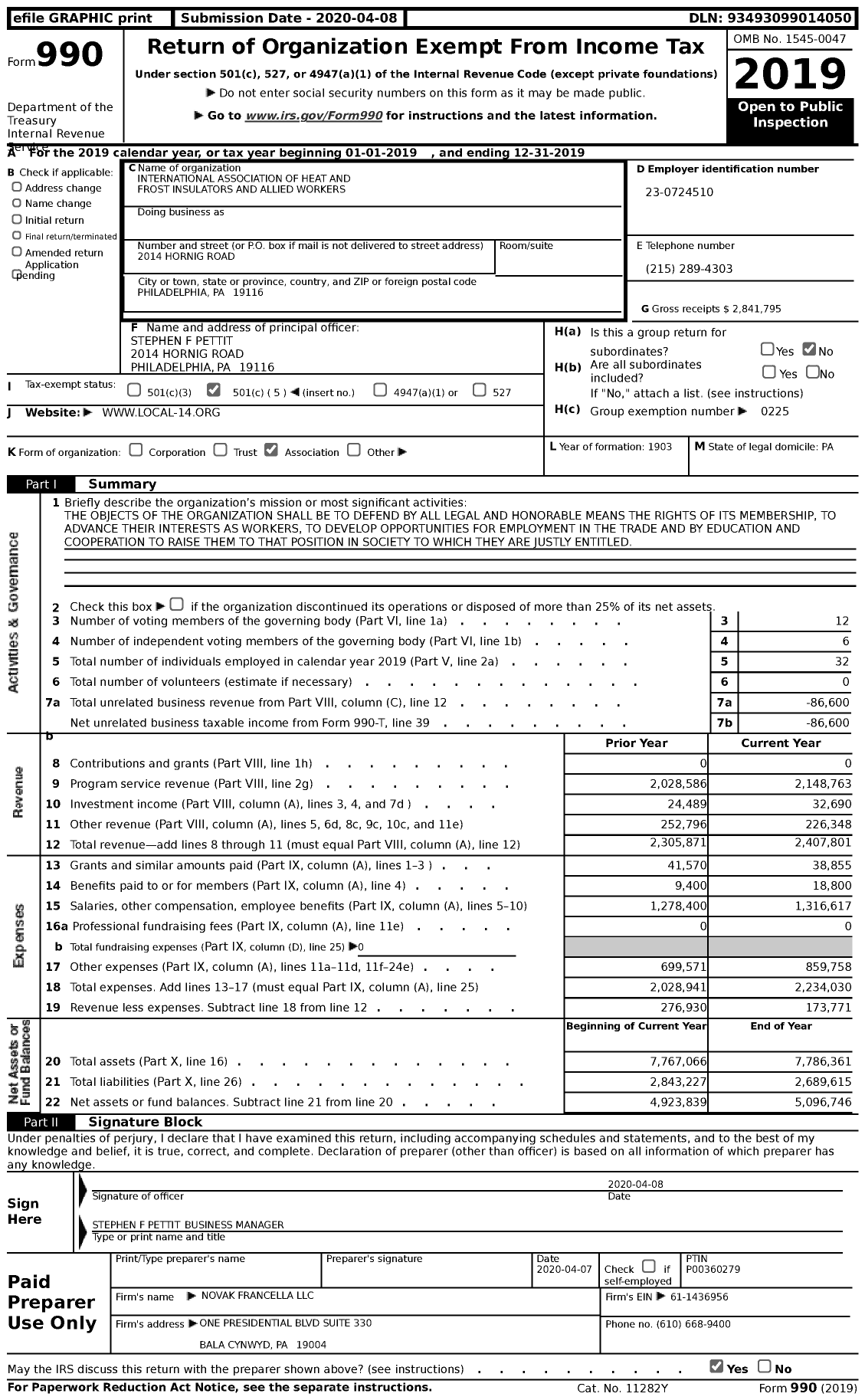 Image of first page of 2019 Form 990 for International Association of Heat and Frost Insulators and Allied Workers - 14 Awia