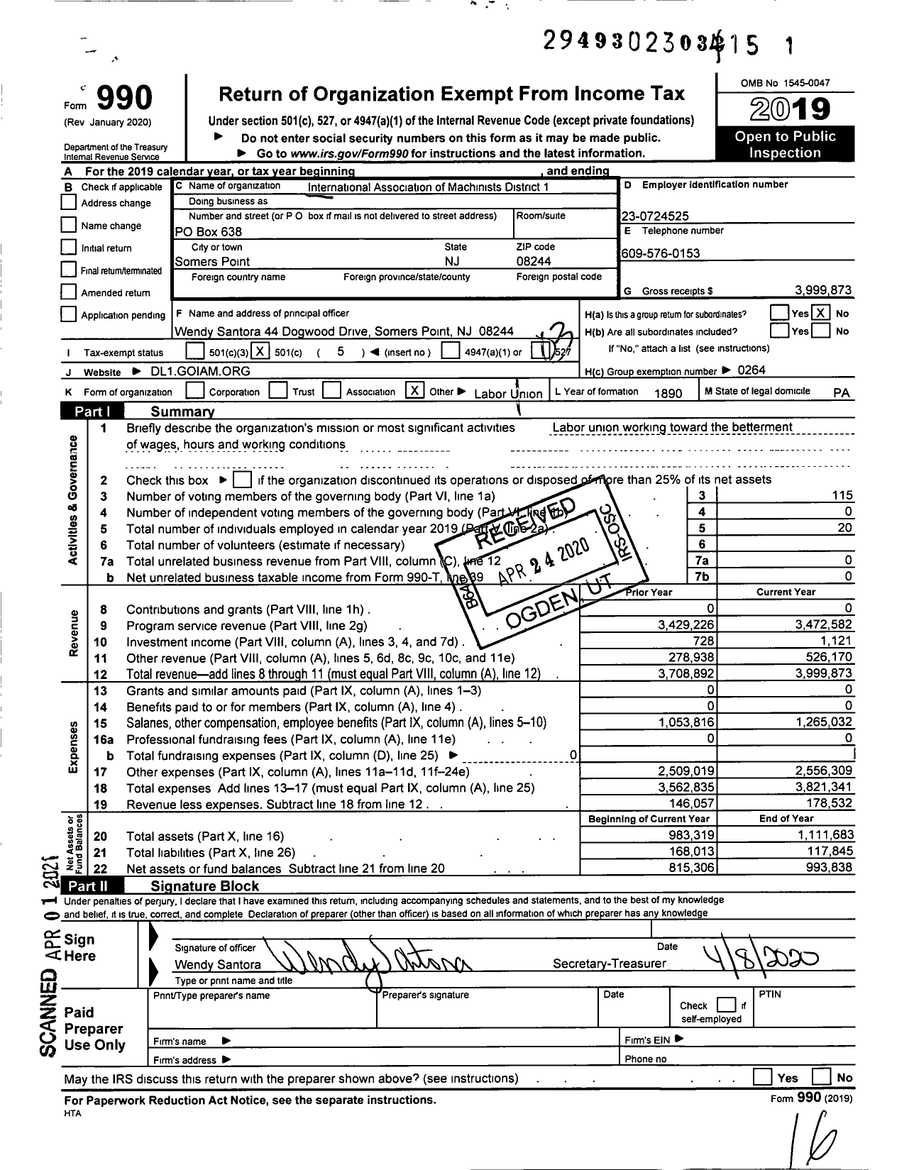 Image of first page of 2019 Form 990 for International Association of Machinists and Aerospace Workers - 1 District