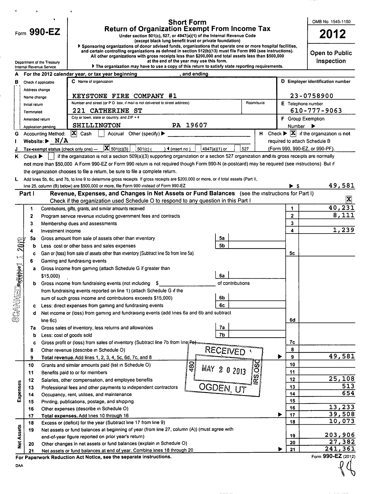 Image of first page of 2012 Form 990EZ for Keystone Fire Company 1