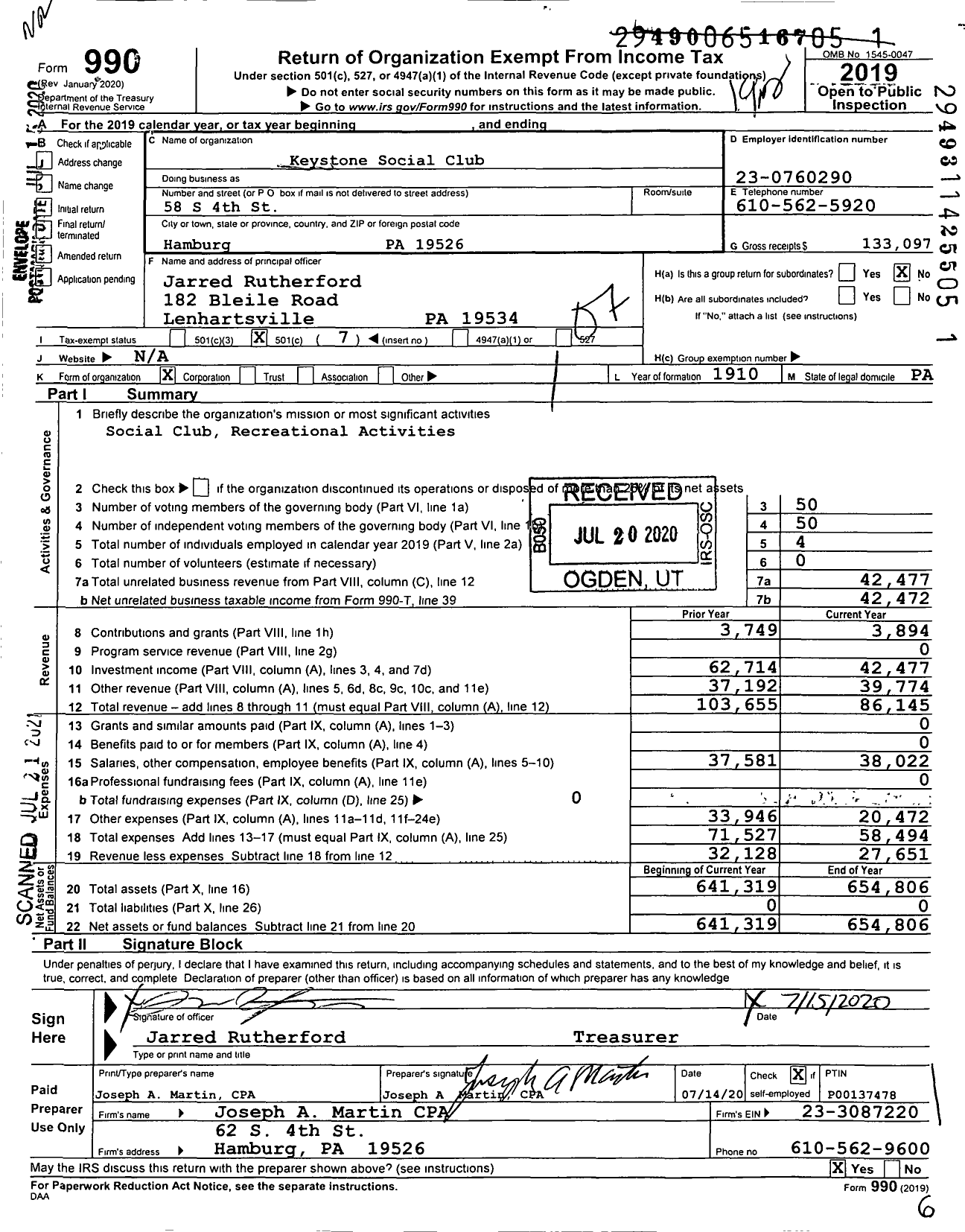 Image of first page of 2019 Form 990O for Keystone Social Club