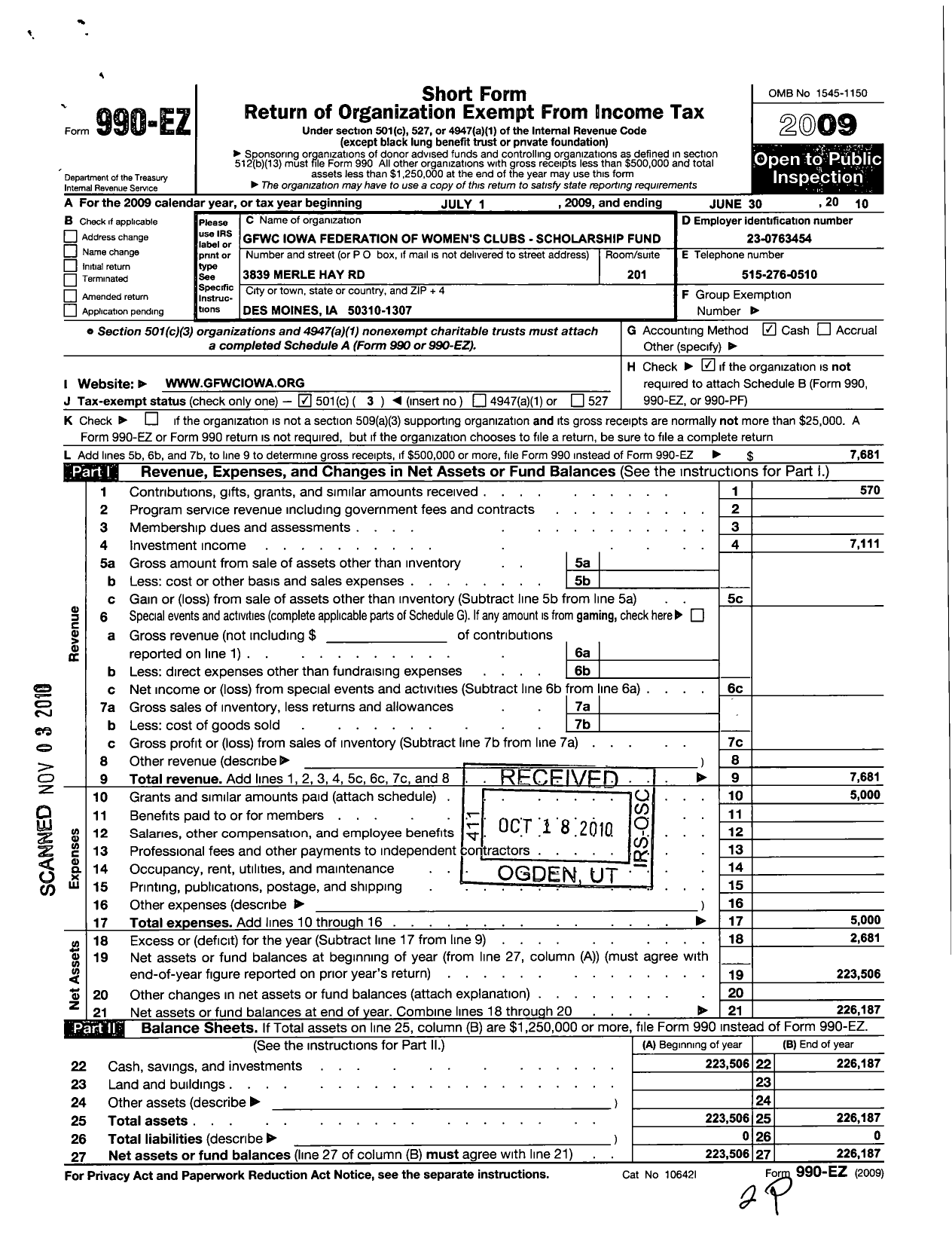 Image of first page of 2009 Form 990EZ for Iowa Federation of Womens Club Scholarship Fund