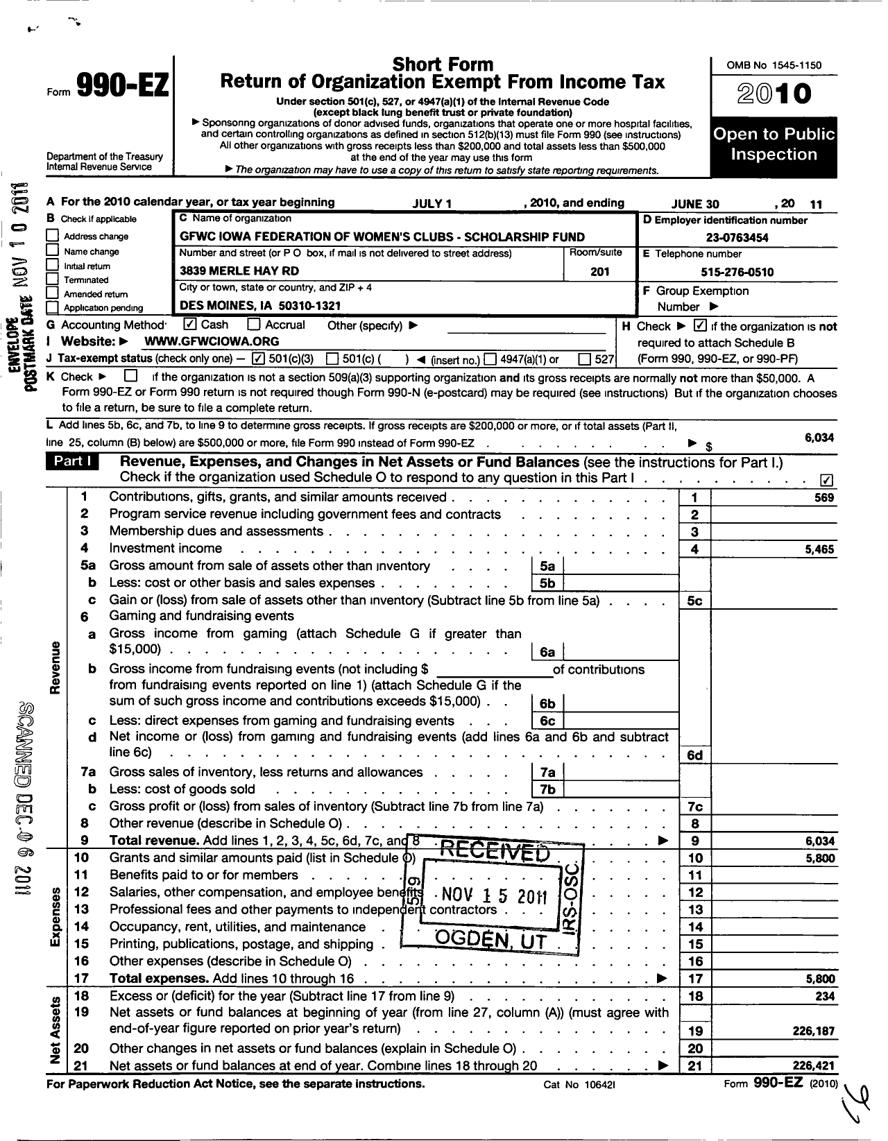 Image of first page of 2010 Form 990EZ for Iowa Federation of Womens Club Scholarship Fund