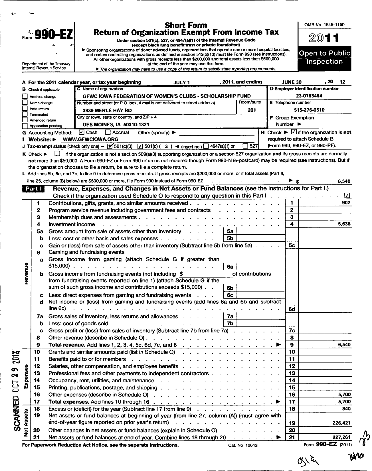 Image of first page of 2011 Form 990EZ for Iowa Federation of Womens Club Scholarship Fund