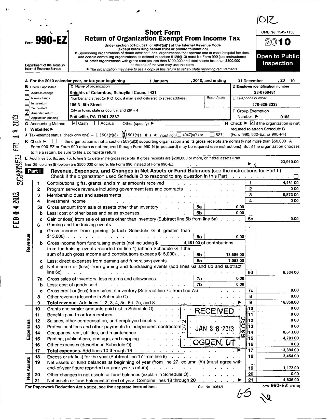 Image of first page of 2010 Form 990EO for Knights of Columbus - 431 Schuylkill Council