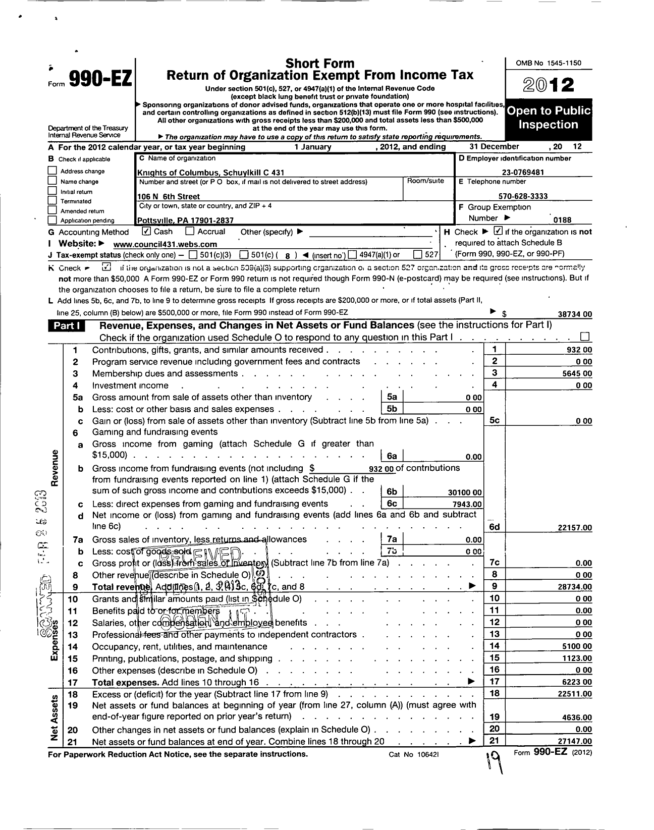 Image of first page of 2012 Form 990EO for Knights of Columbus - 431 Schuylkill Council