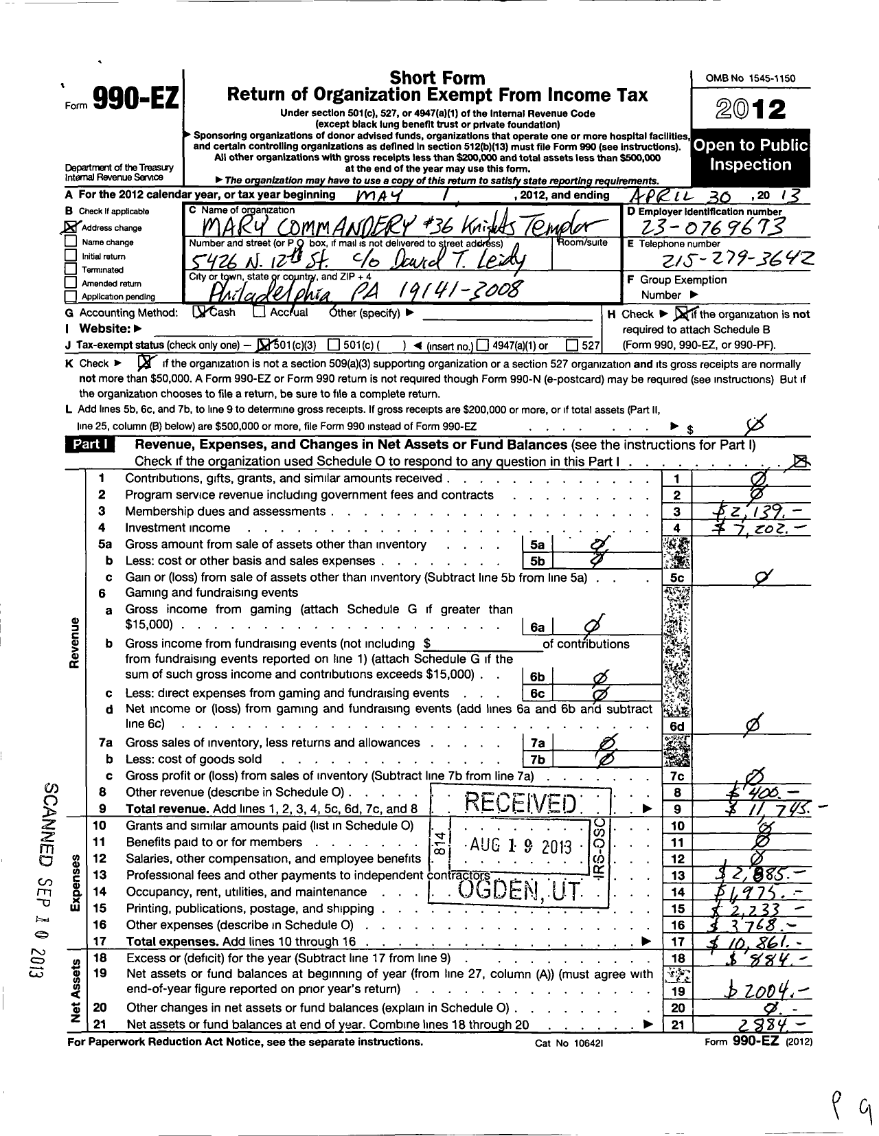 Image of first page of 2012 Form 990EZ for Knights Templar of the United States of America