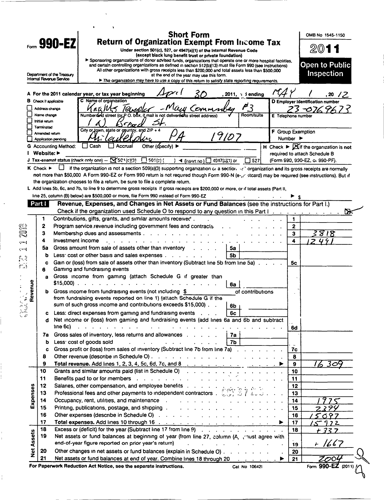 Image of first page of 2011 Form 990EZ for Knights Templar of the United States of America