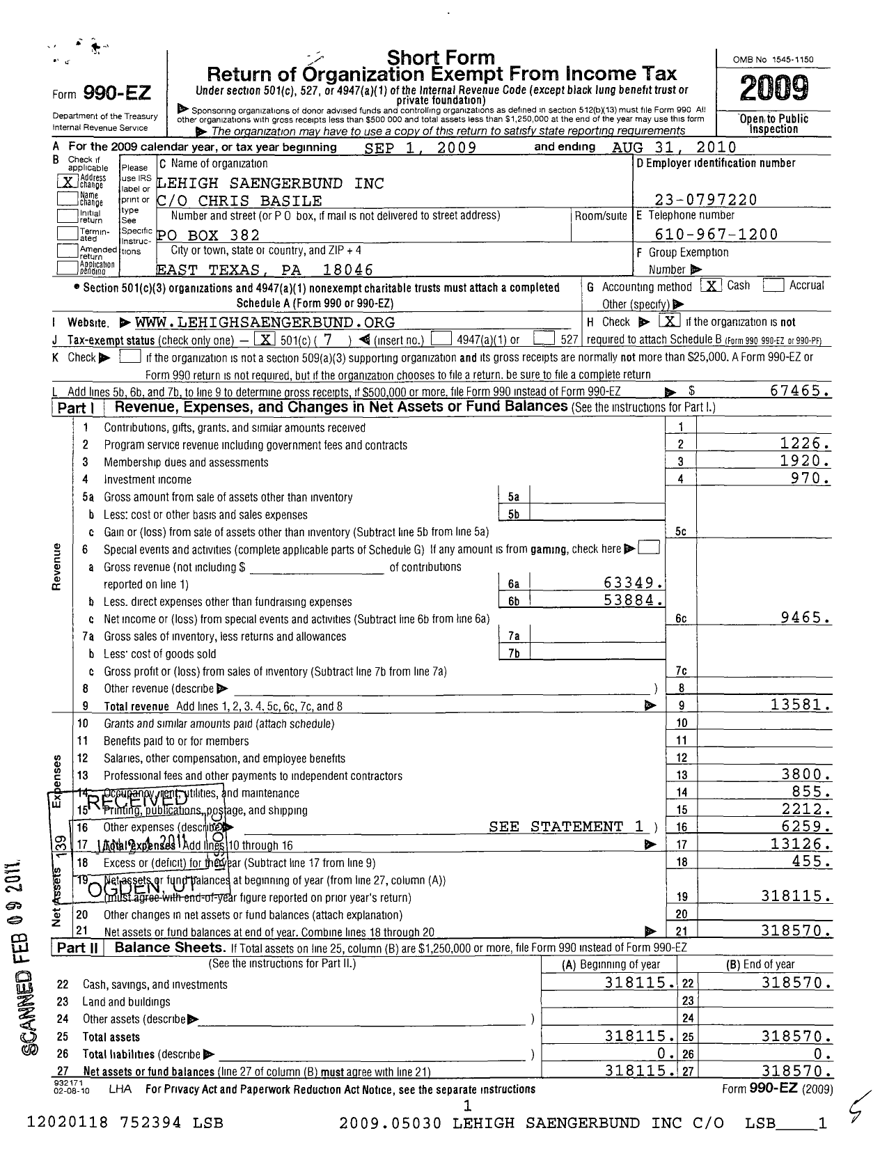 Image of first page of 2009 Form 990EO for Lehigh Saengerbund