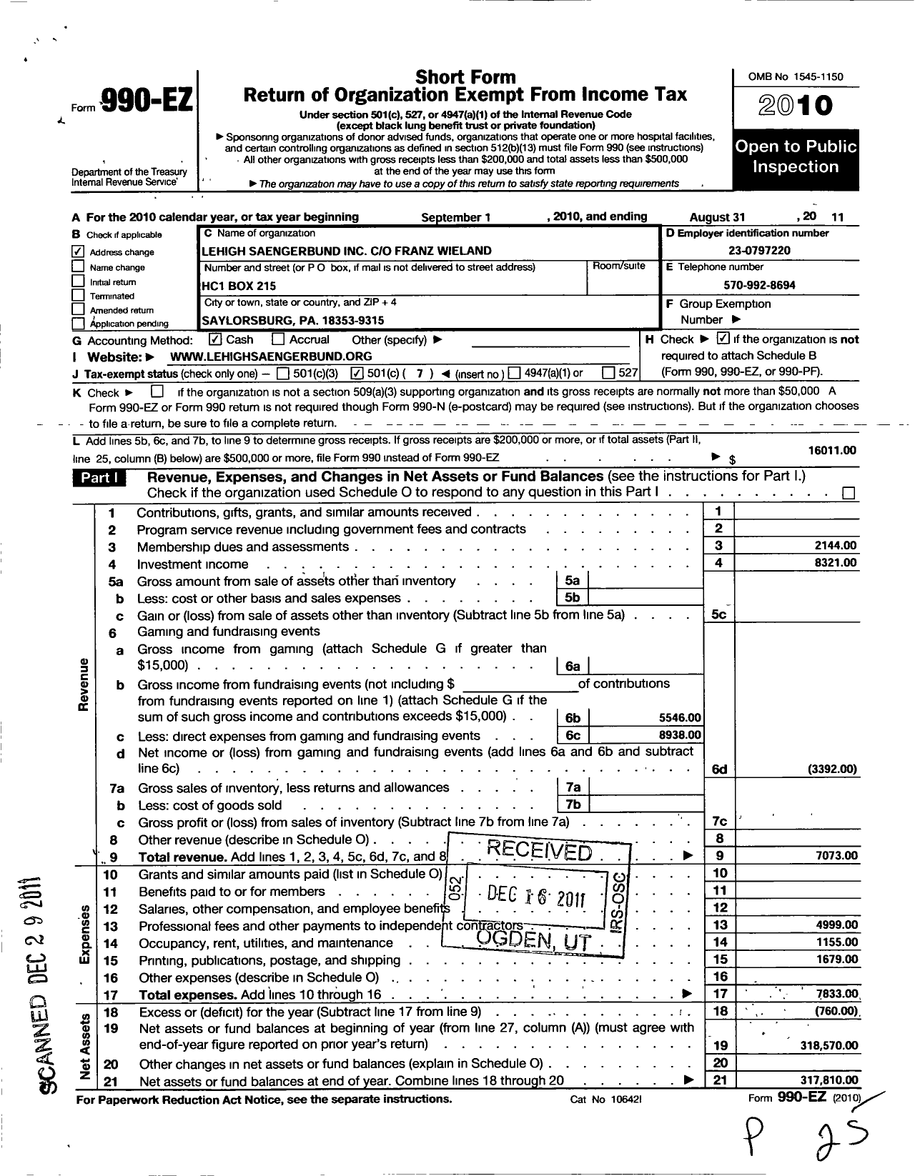 Image of first page of 2010 Form 990EO for Lehigh Saengerbund